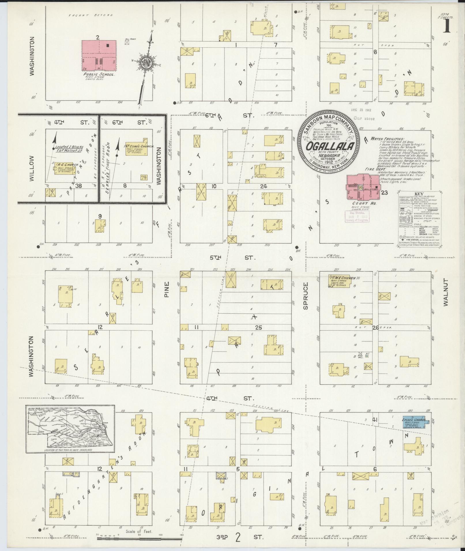 Sanborn Fire Insurance Map from Ogallala, Keith County, Nebraska (1912), Sheet #0001 - Historic Sanborn Fire Insurance Map Print, vintage old map wall art, antique decor, genealogy gift, Nebraska Nebraska map