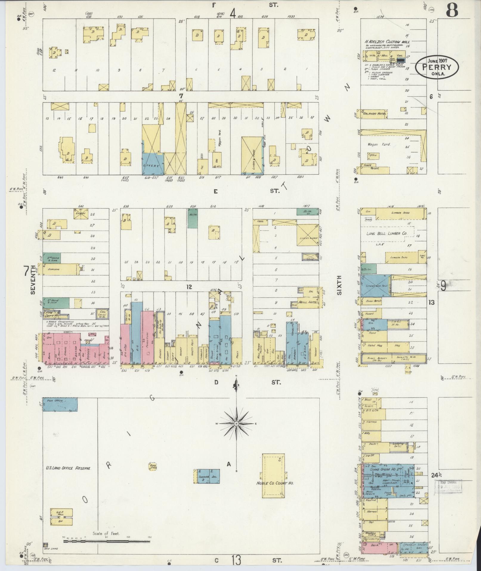 Sanborn Fire Insurance Map from Perry, Noble County, Oklahoma (1907), Sheet #0008 - Complete Map Set gallery image, historic Sanborn map, vintage wall art, Oklahoma Oklahoma
