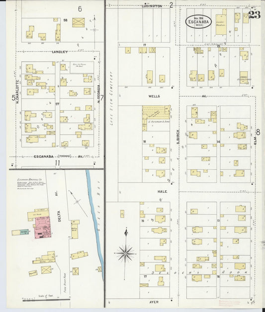 Sanborn Fire Insurance Map from Escanaba, Delta County, Michigan (1906), Sheet #0023 - Historic Sanborn Fire Insurance Map Print, vintage old map wall art, antique decor, genealogy gift, Michigan Michigan map