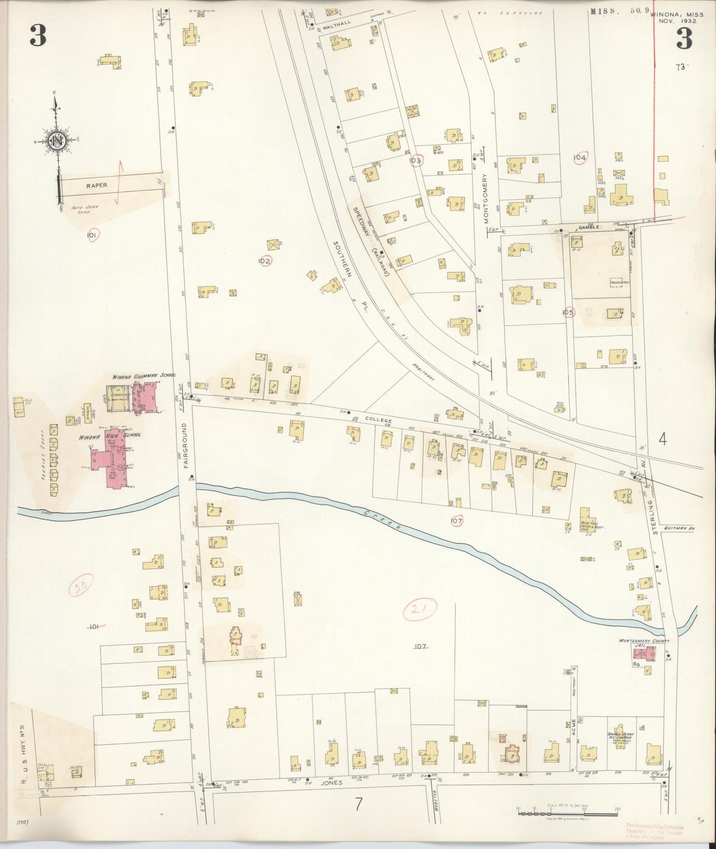 Sanborn Fire Insurance Map from Winona, Montgomery County, Mississippi (1940), Sheet #0003 - Historic Sanborn Fire Insurance Map Print, vintage old map wall art, antique decor, genealogy gift, Mississippi Mississippi map
