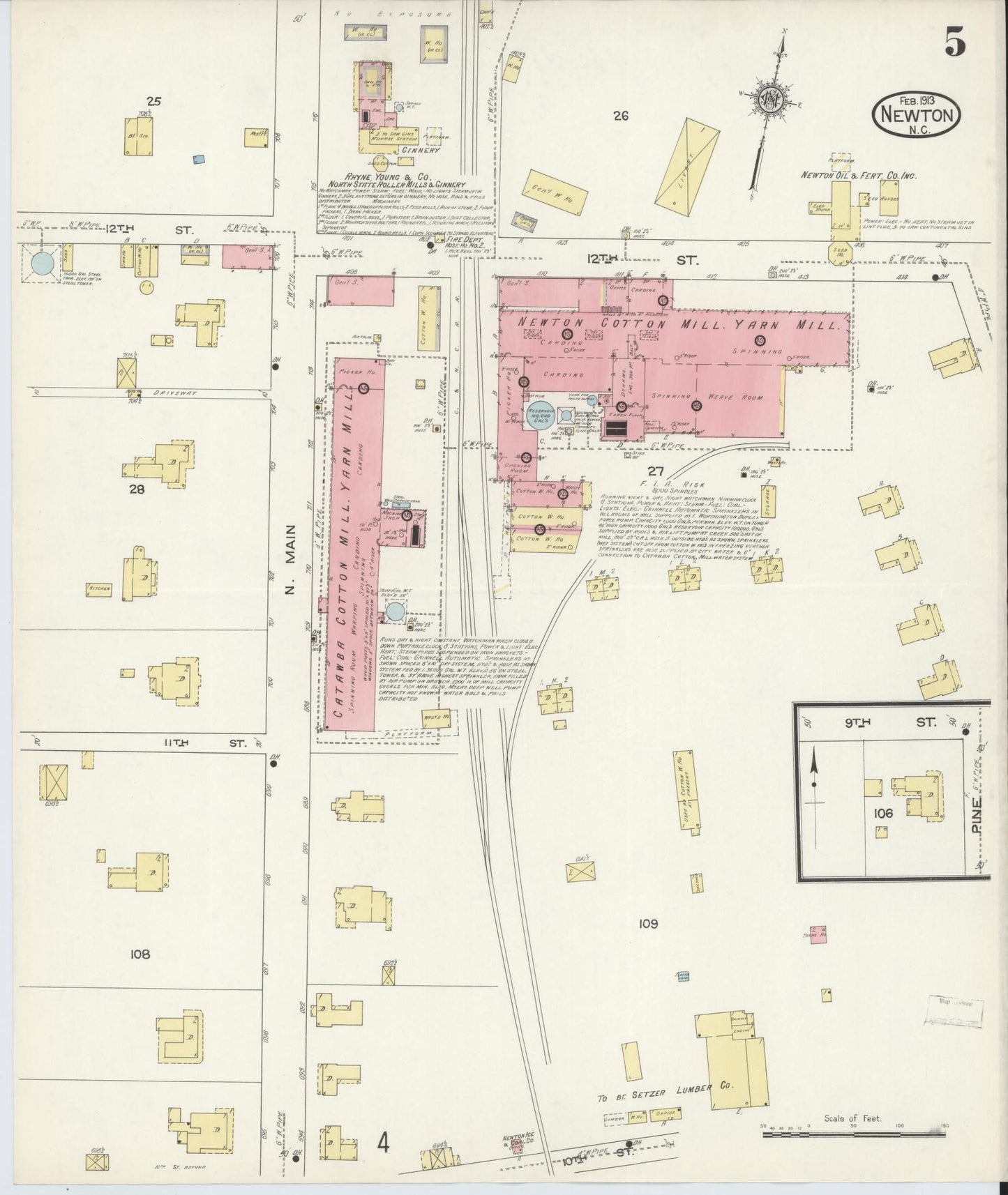 Sanborn Fire Insurance Map from Newton, Catawba County, North Carolina (1913), Sheet #0005 - Historic Sanborn Fire Insurance Map Print, vintage old map wall art, antique decor, genealogy gift, North Carolina North Carolina map