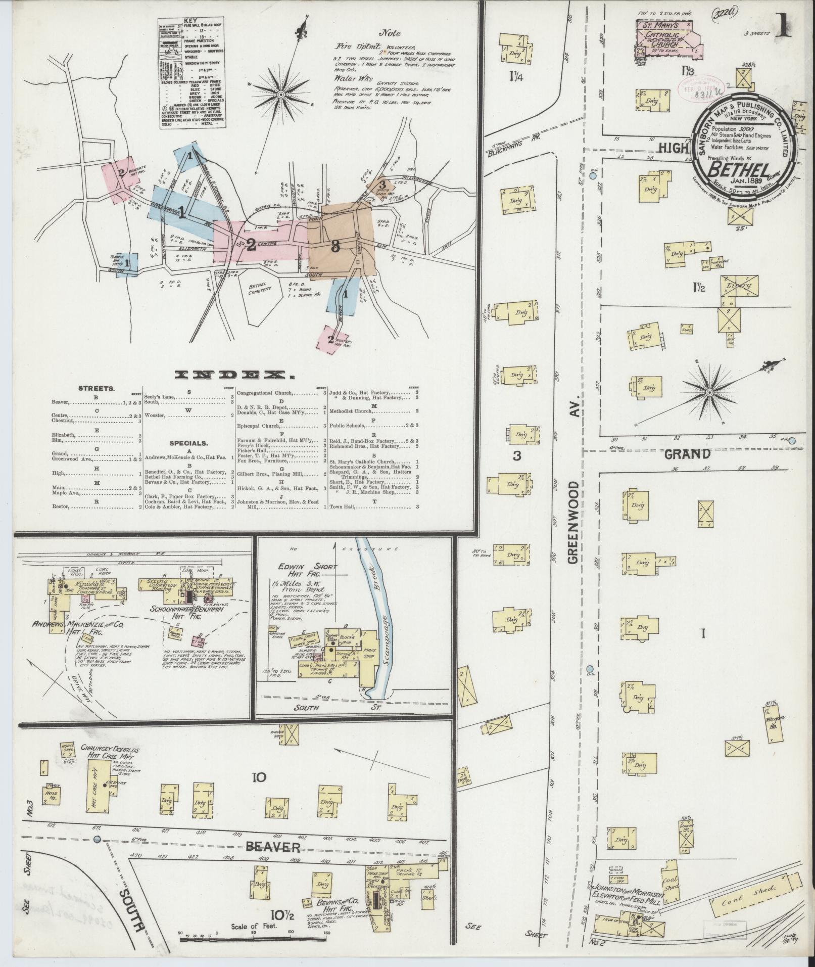 Sanborn Fire Insurance Map from Bethel, Fairfield County, Connecticut (1889), Sheet #0001 - Historic Sanborn Fire Insurance Map Print, vintage old map wall art, antique decor, genealogy gift, Connecticut Connecticut map