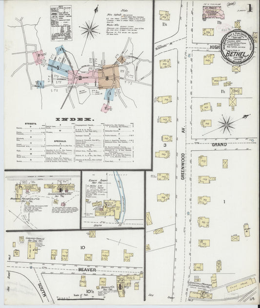 Sanborn Fire Insurance Map from Bethel, Fairfield County, Connecticut (1889), Sheet #0001 - Historic Sanborn Fire Insurance Map Print, vintage old map wall art, antique decor, genealogy gift, Connecticut Connecticut map