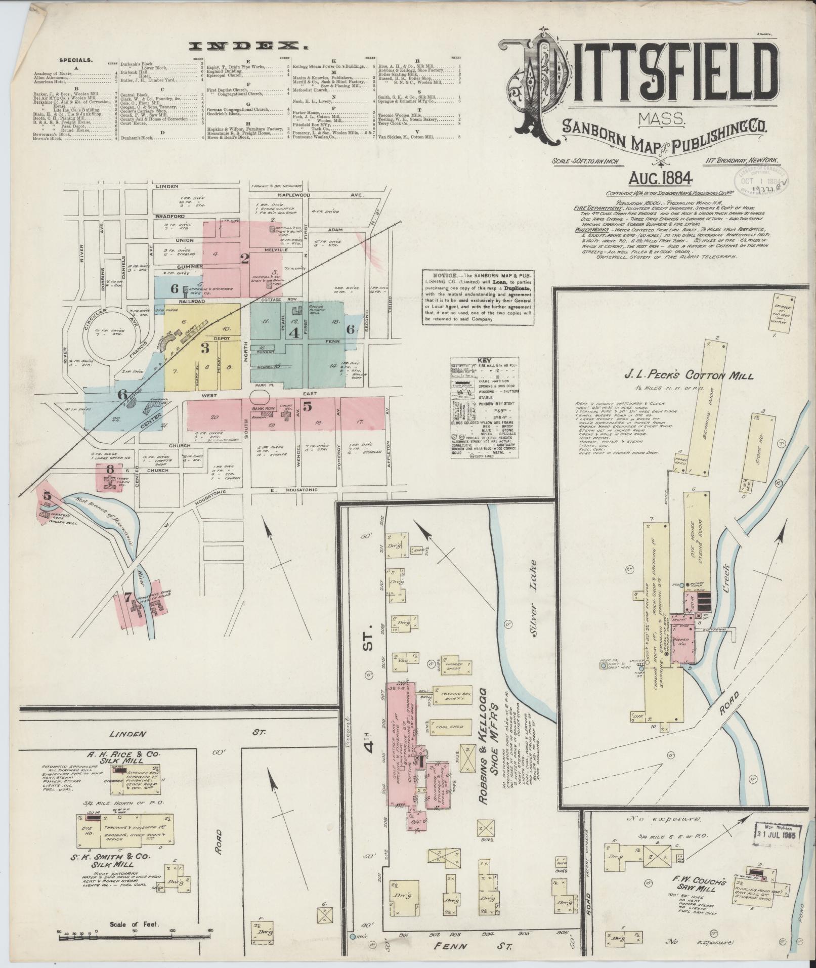 Sanborn Fire Insurance Map from Pittsfield, Berkshire County, Massachusetts (1884), Sheet #0001 - Historic Sanborn Fire Insurance Map Print, vintage old map wall art, antique decor, genealogy gift, Massachusetts Massachusetts map
