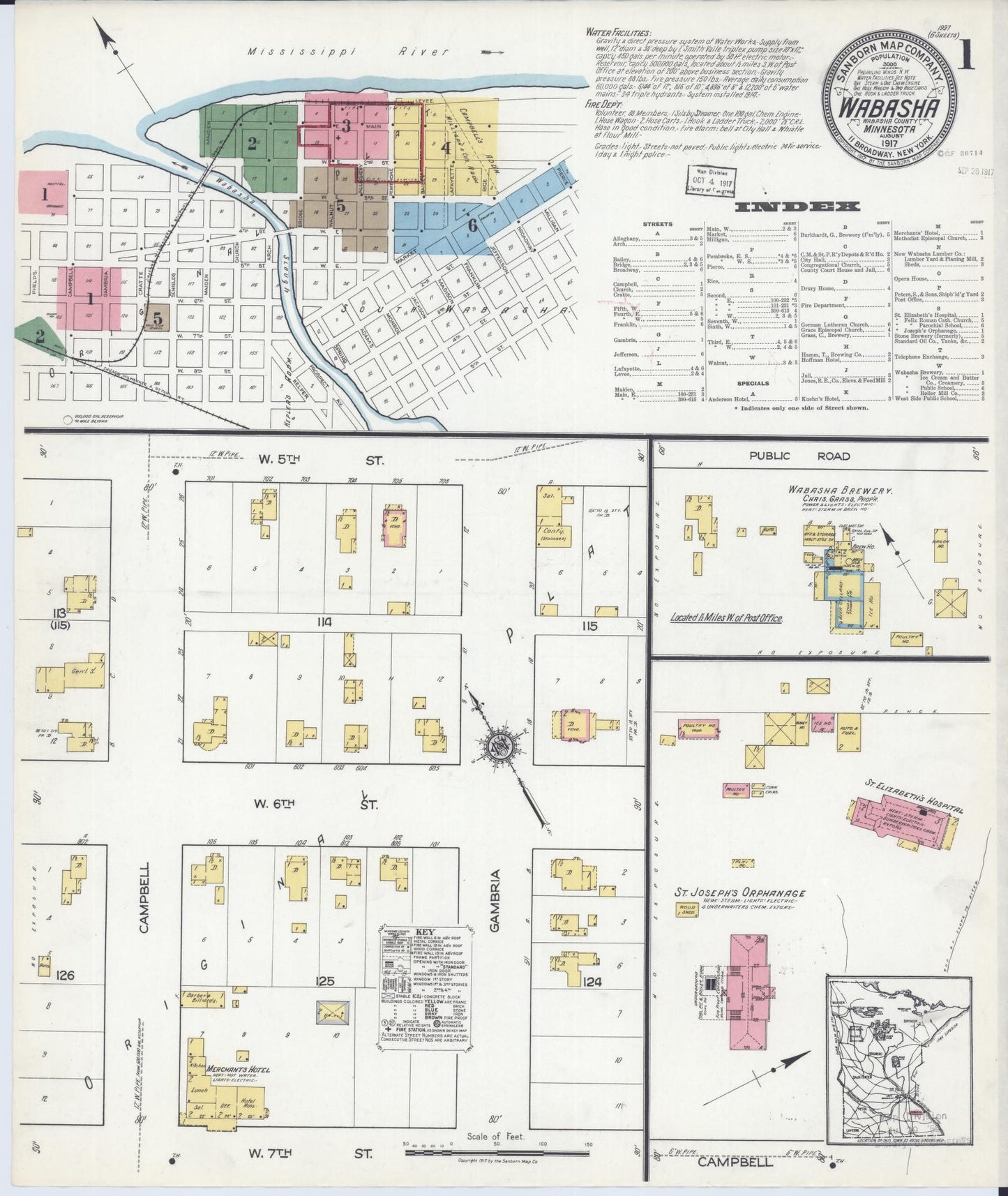 Sanborn Fire Insurance Map from Wabasha, Wabasha County, Minnesota (1917), Sheet #0001 - Complete Map Set gallery image, historic Sanborn map, vintage wall art, Minnesota Minnesota