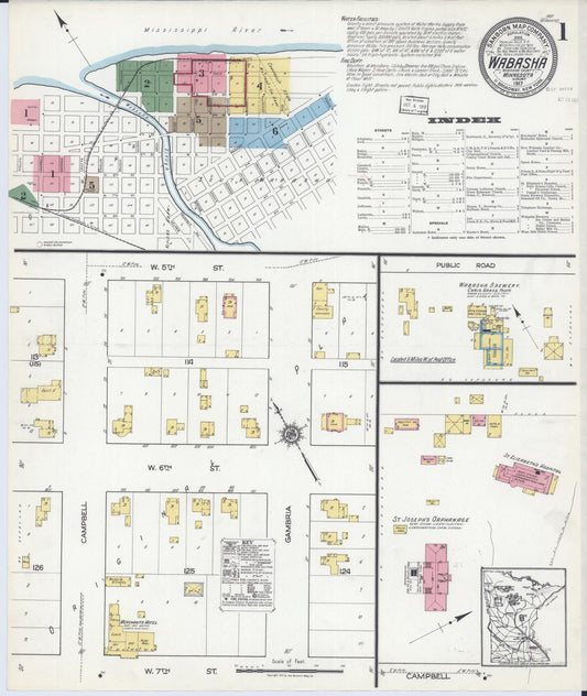 Sanborn Fire Insurance Map from Wabasha, Wabasha County, Minnesota (1917), Sheet #0001 - Complete Map Set gallery image, historic Sanborn map, vintage wall art, Minnesota Minnesota