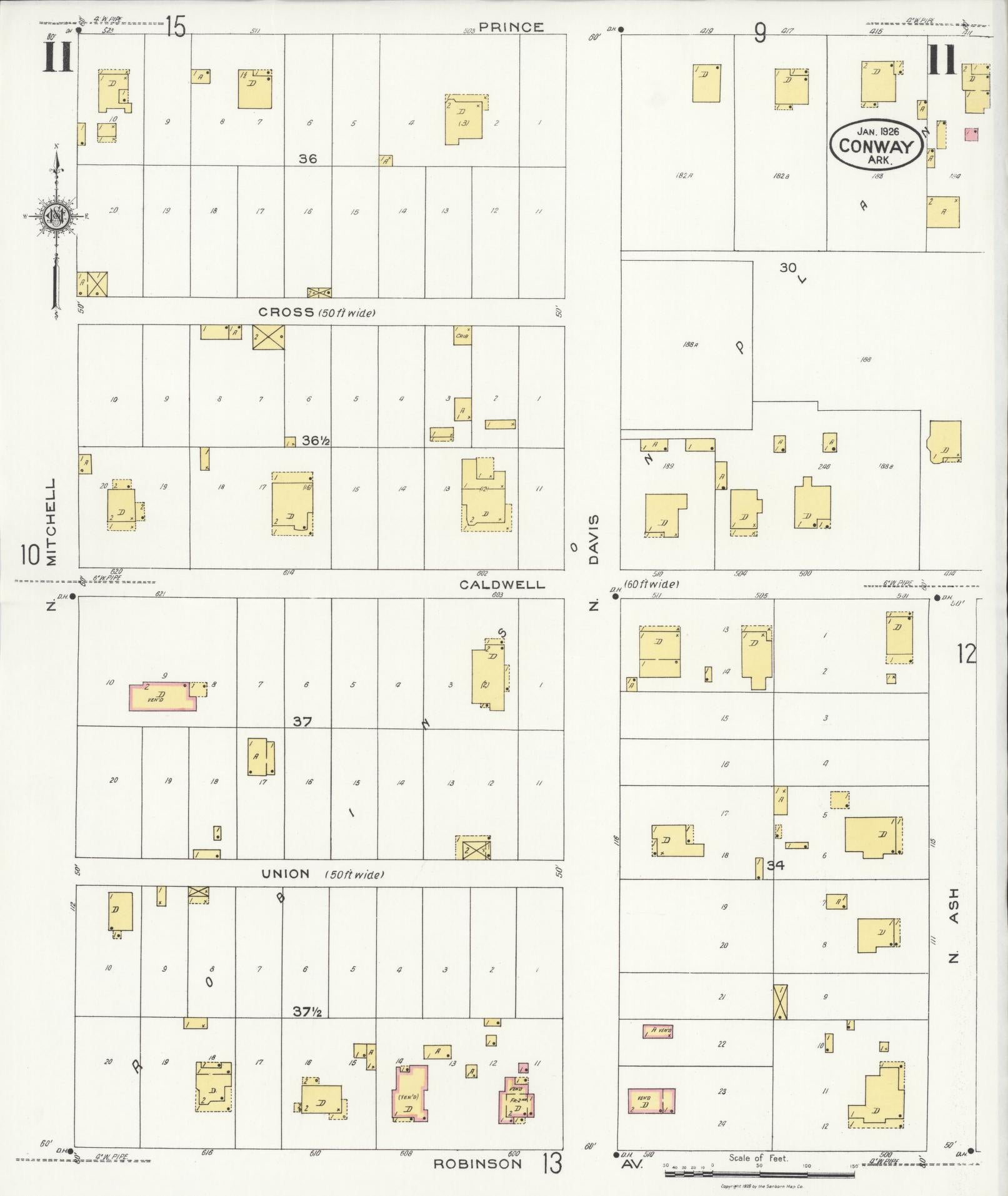 Sanborn Fire Insurance Map from Conway, Faulkner County, Arkansas (1926), Sheet #0011 - Complete Map Set gallery image, historic Sanborn map, vintage wall art, Arkansas Arkansas