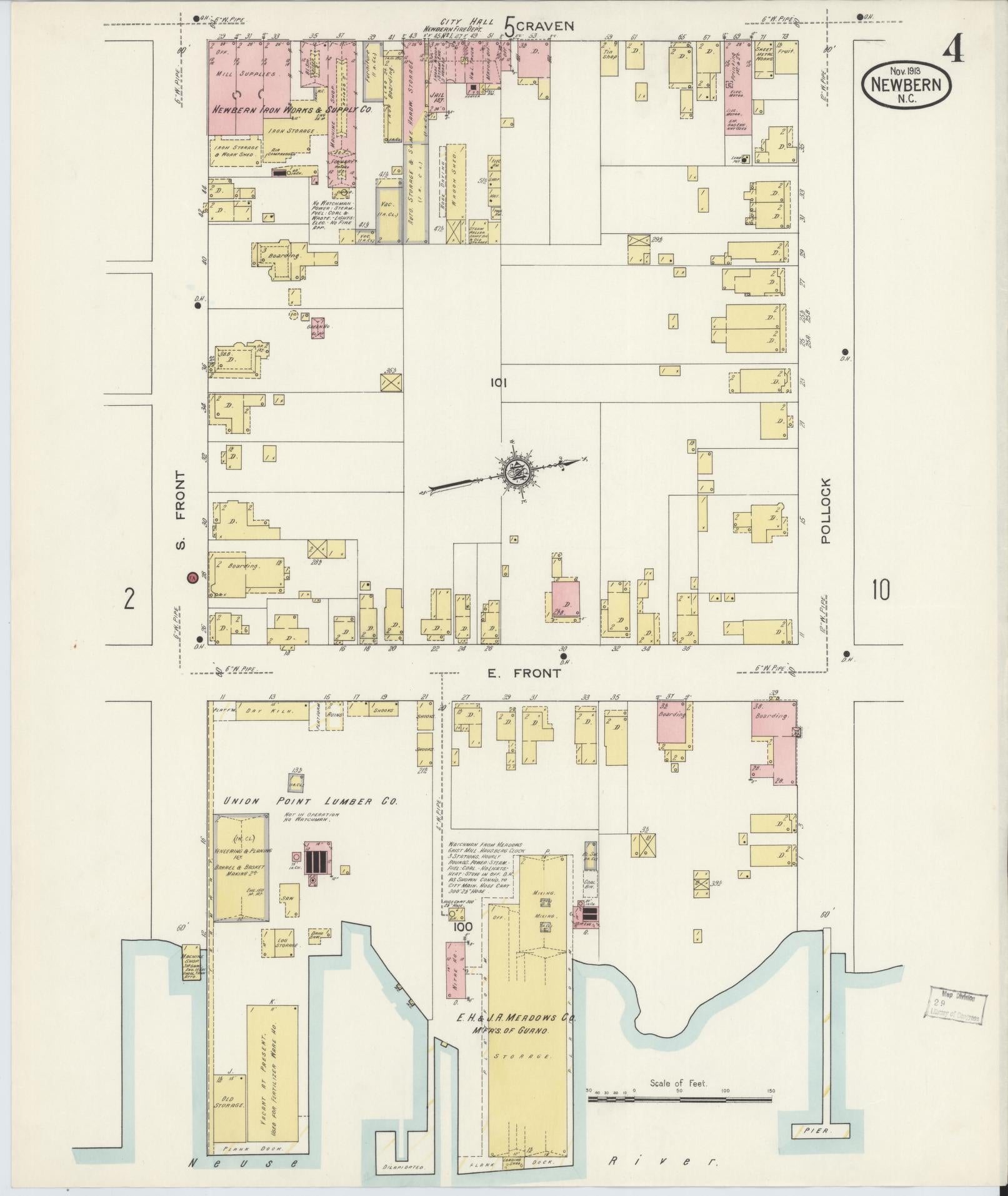Sanborn Fire Insurance Map from New Bern, Craven County, North Carolina (1913), Sheet #0004 - Complete Map Set gallery image, historic Sanborn map, vintage wall art, North Carolina North Carolina