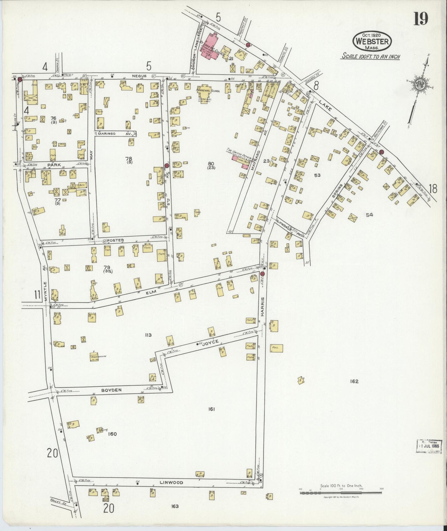 Sanborn Fire Insurance Map from Webster, Worcester County, Massachusetts (1920), Sheet #0019 - Complete Map Set gallery image, historic Sanborn map, vintage wall art, Massachusetts Massachusetts