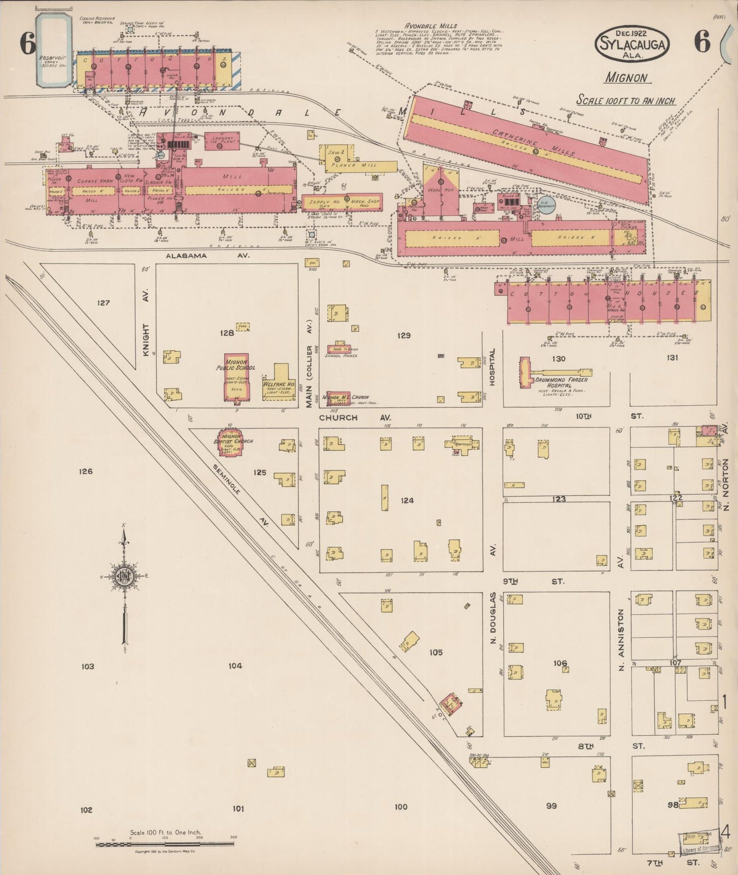 Sanborn Fire Insurance Map from Sylacauga, Talladega County, Alabama (1922), Sheet #0006 - Complete Map Set gallery image, historic Sanborn map, vintage wall art, Alabama Alabama