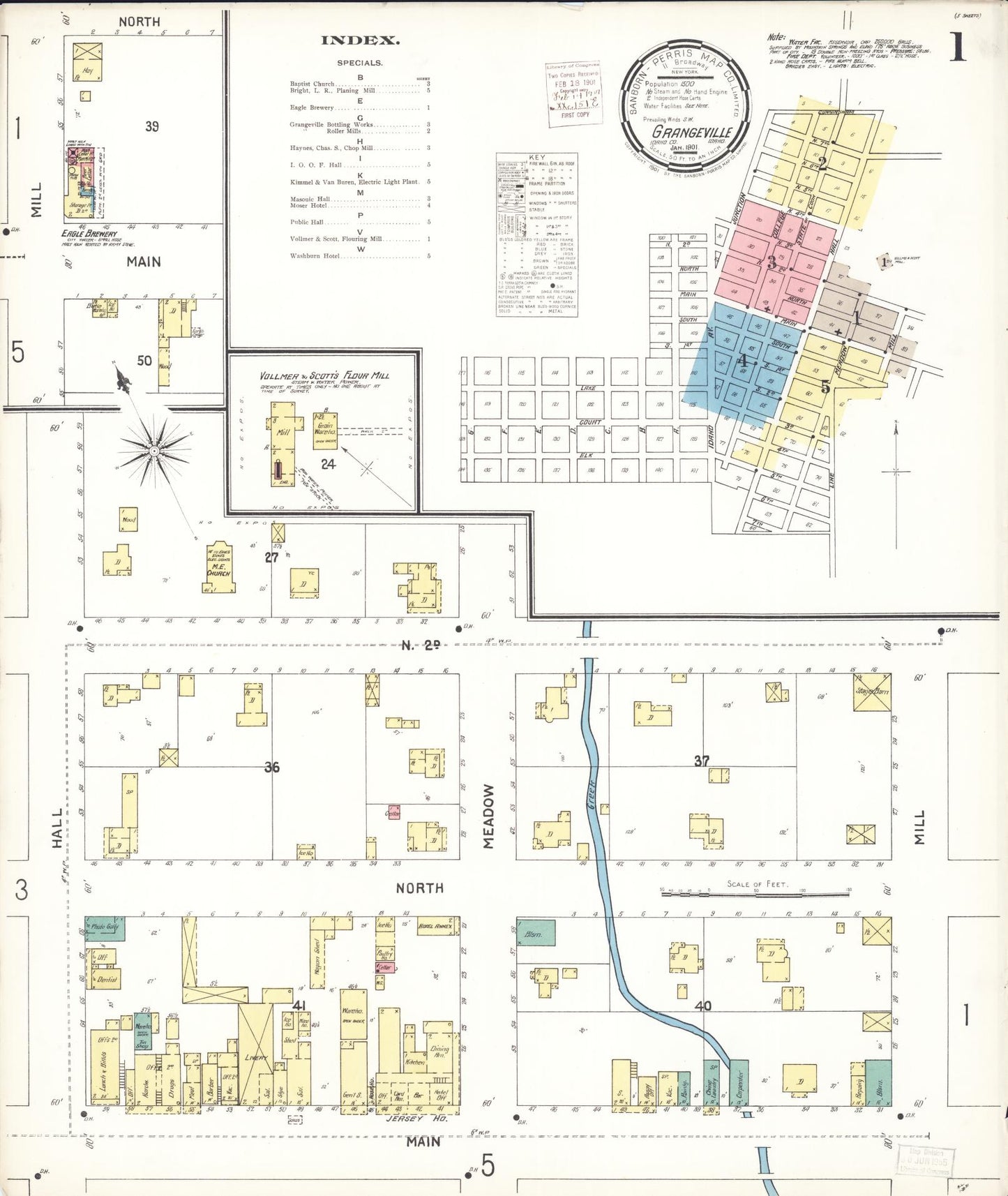 Sanborn Fire Insurance Map from Grangeville, Idaho County, Idaho (1901), Sheet #0001 - Historic Sanborn Fire Insurance Map Print, vintage old map wall art, antique decor, genealogy gift, Grangeville Idaho map
