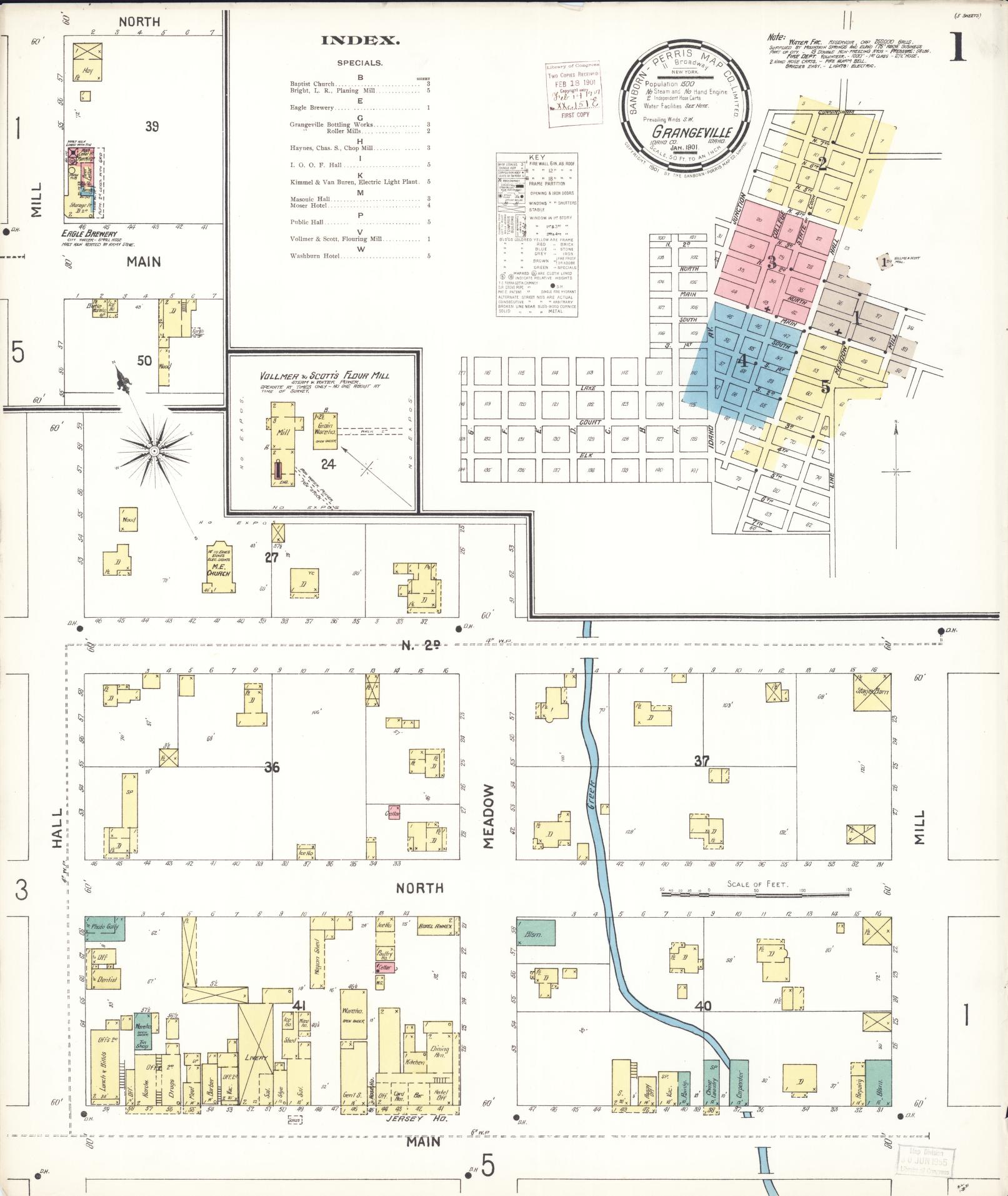 Sanborn Fire Insurance Map from Grangeville, Idaho County, Idaho (1901), Sheet #0001 - Historic Sanborn Fire Insurance Map Print, vintage old map wall art, antique decor, genealogy gift, Grangeville Idaho map