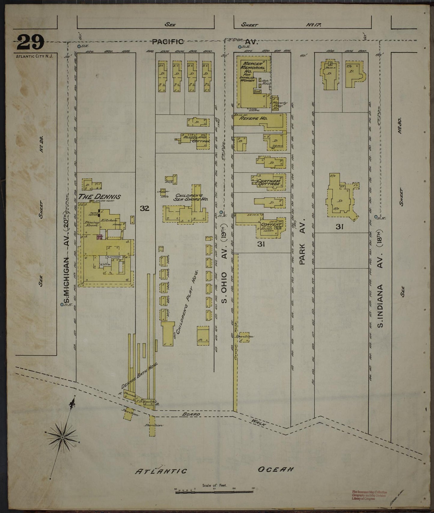 Sanborn Fire Insurance Map from Atlantic City, Atlantic County, New Jersey (1886), Sheet #0029 - Historic Sanborn Fire Insurance Map Print, vintage old map wall art, antique decor, genealogy gift, New Jersey New Jersey map
