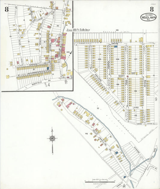 Sanborn Fire Insurance Map from Woodlawn, Beaver County, Pennsylvania (1923), Sheet #0008 - Historic Sanborn Fire Insurance Map Print, vintage old map wall art, antique decor, genealogy gift, Pennsylvania Pennsylvania map