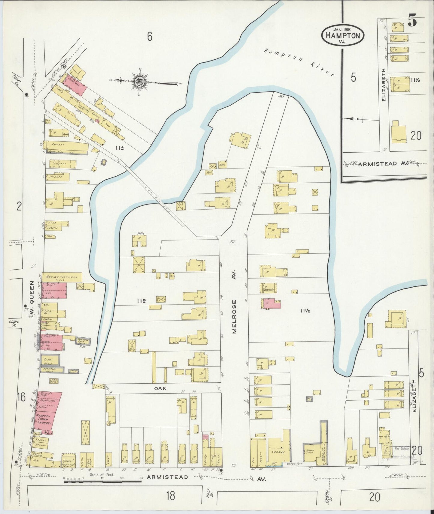Sanborn Fire Insurance Map from Hampton, Independent Cities, Virginia (1916), Sheet #0005 - Complete Map Set gallery image, historic Sanborn map, vintage wall art, Virginia Virginia