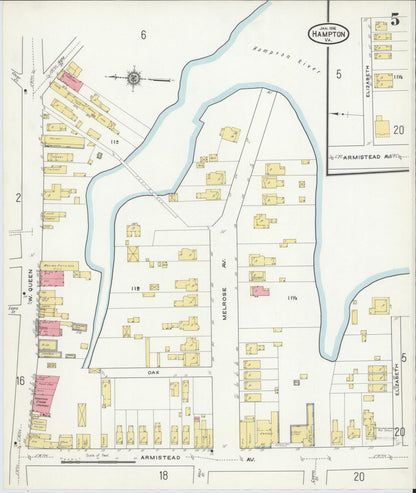 Sanborn Fire Insurance Map from Hampton, Independent Cities, Virginia (1916), Sheet #0005 - Complete Map Set gallery image, historic Sanborn map, vintage wall art, Virginia Virginia