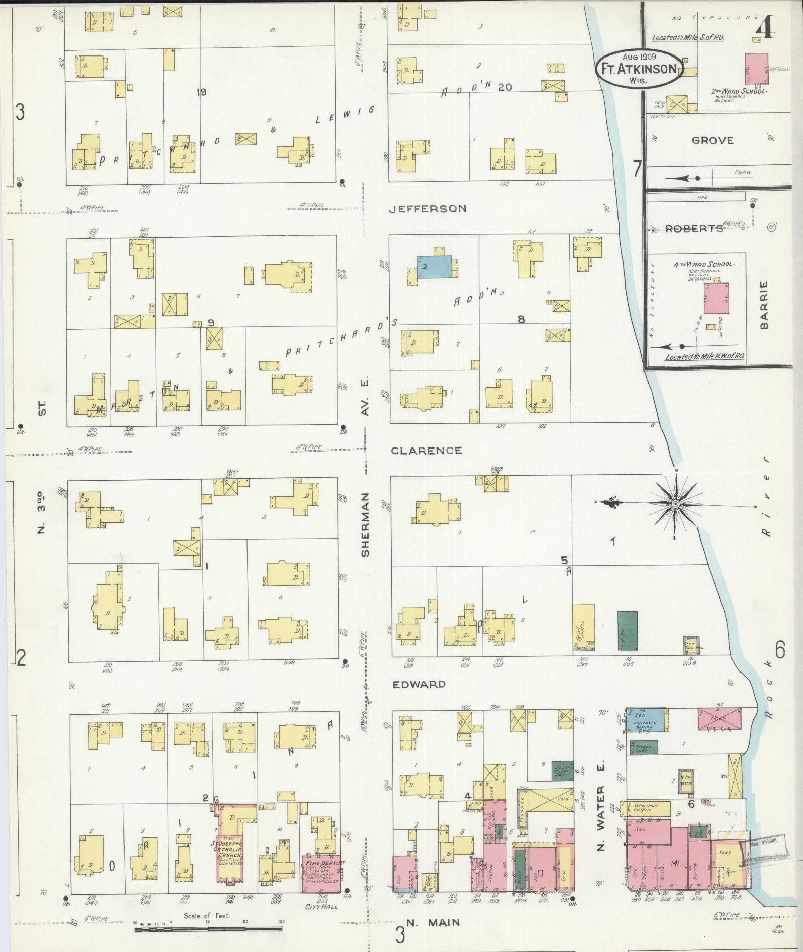 Sanborn Fire Insurance Map from Fort Atkinson, Jefferson County, Wisconsin (1909), Sheet #0004 - Complete Map Set gallery image, historic Sanborn map, vintage wall art, Wisconsin Wisconsin