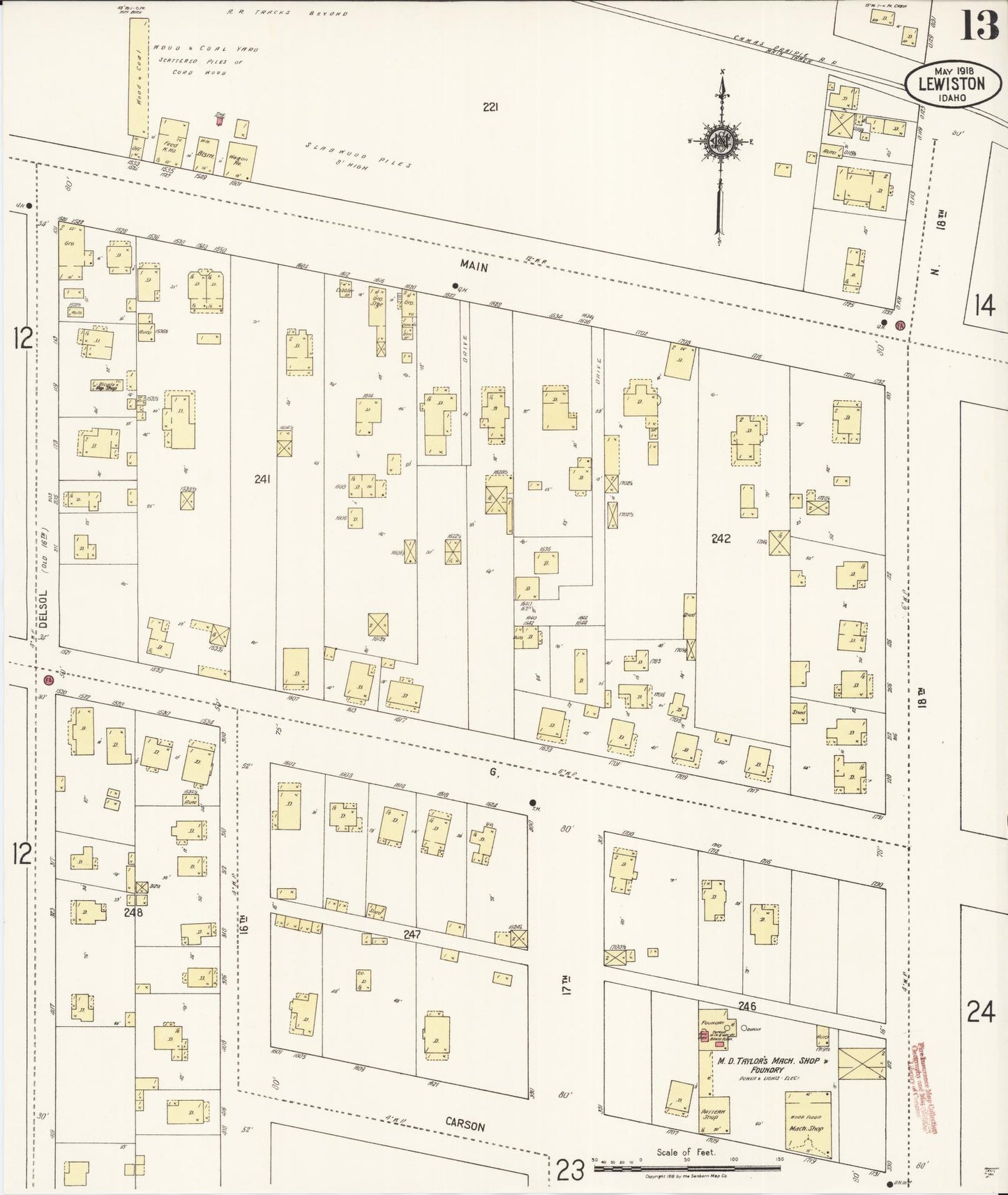 Sanborn Fire Insurance Map from Lewiston, Nez Perce County, Idaho (1918), Sheet #0013 - Historic Sanborn Fire Insurance Map Print, vintage old map wall art, antique decor, genealogy gift, Idaho Idaho map