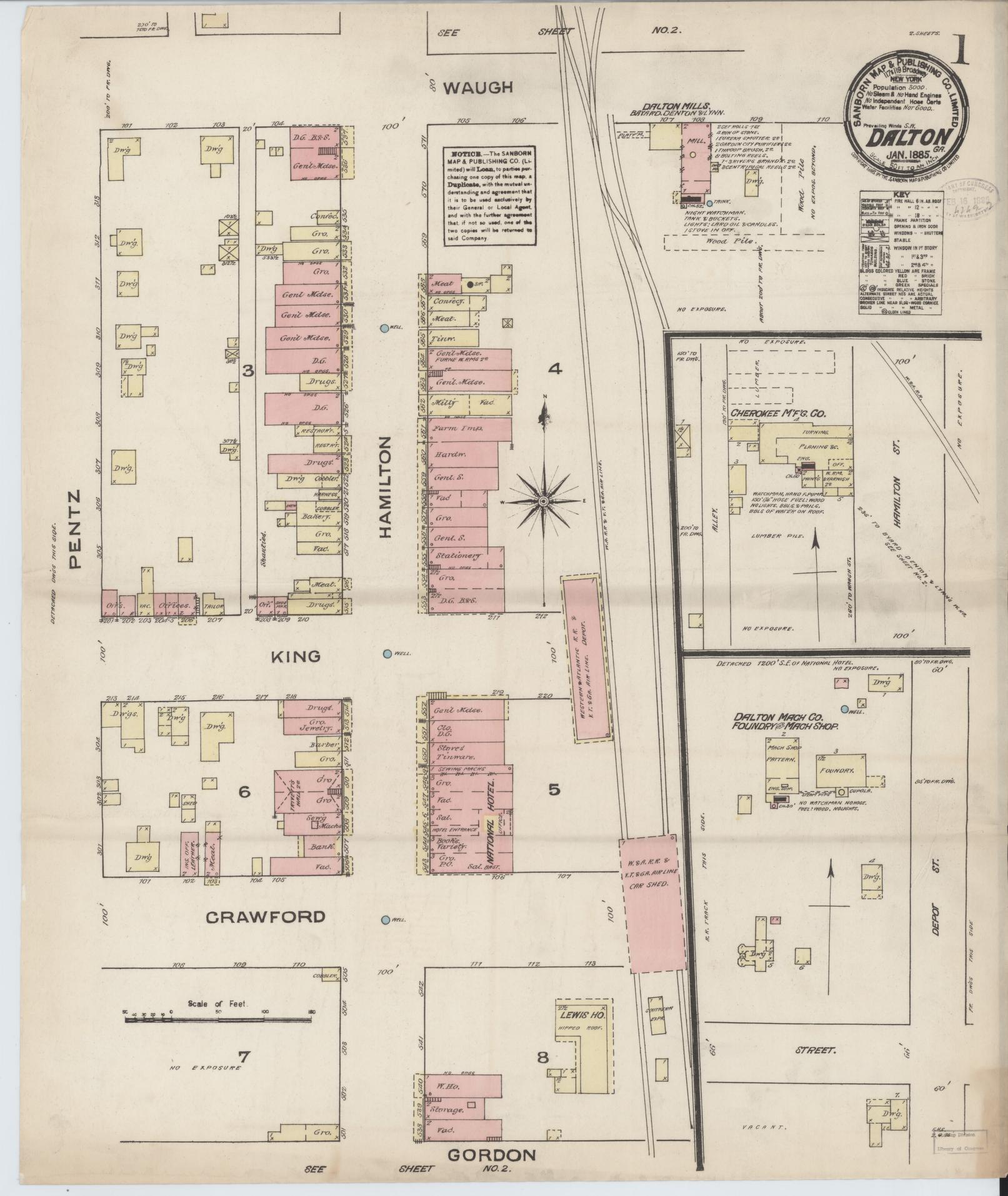 Sanborn Fire Insurance Map from Dalton, Whitfield County, Georgia (1885), Sheet #0001 - Historic Sanborn Fire Insurance Map Print, vintage old map wall art, antique decor, genealogy gift, Georgia Georgia map
