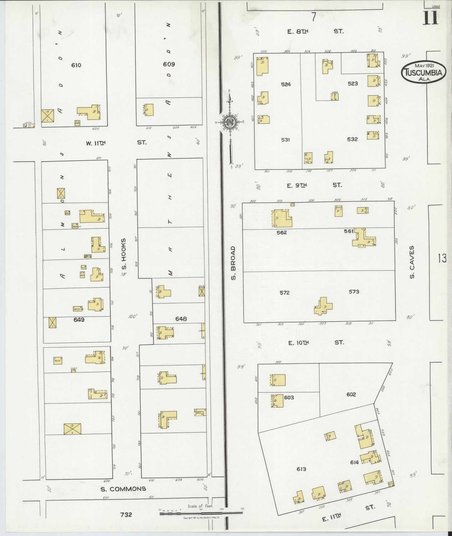 Sanborn Fire Insurance Map from Tuscumbia, Colbert County, Alabama (1921), Sheet #0011 - Complete Map Set gallery image, historic Sanborn map, vintage wall art, Alabama Alabama