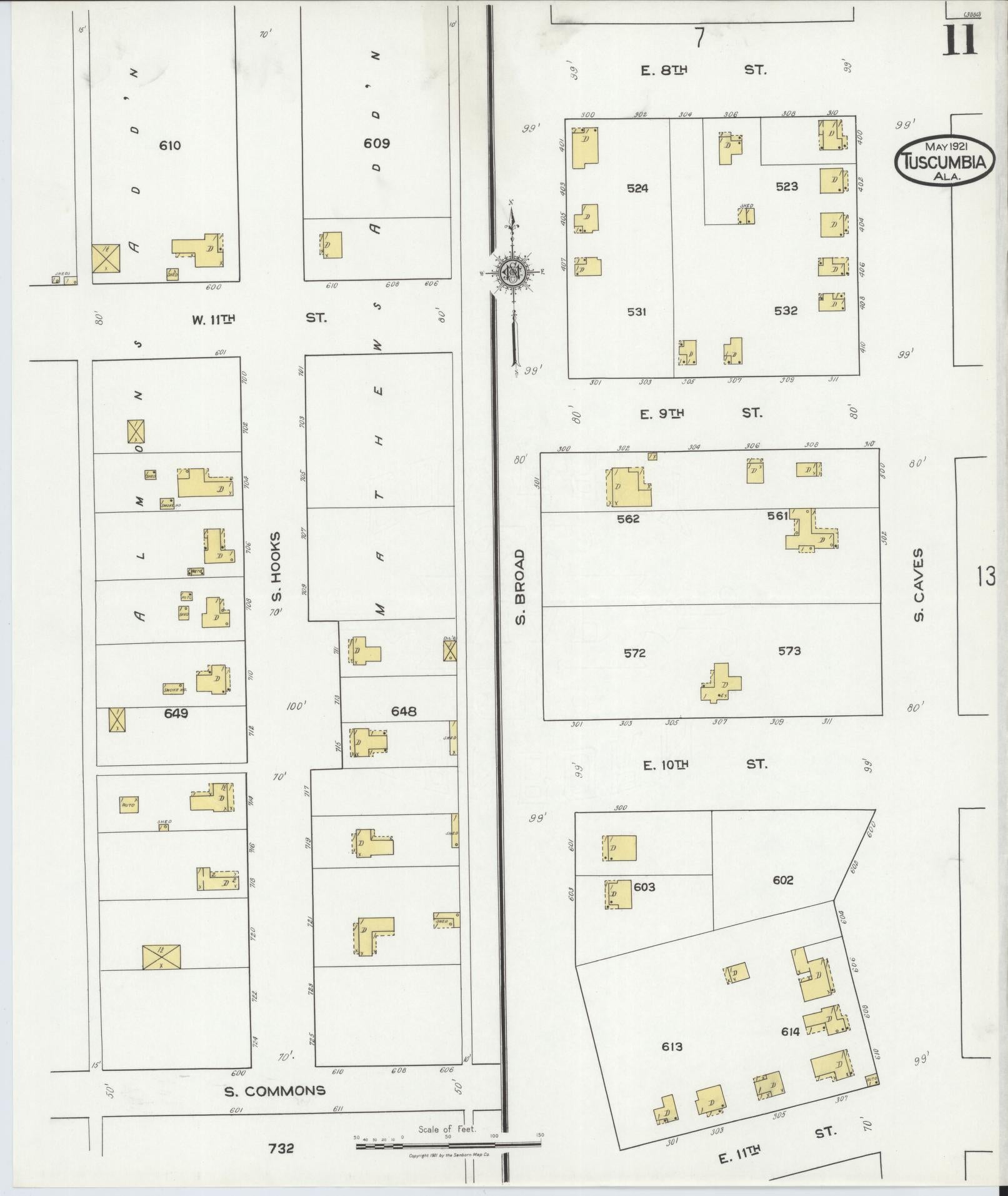 Sanborn Fire Insurance Map from Tuscumbia, Colbert County, Alabama (1921), Sheet #0011 - Complete Map Set gallery image, historic Sanborn map, vintage wall art, Alabama Alabama