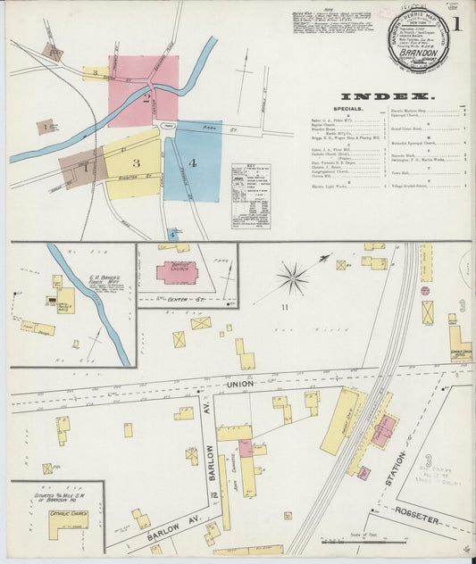 Sanborn Fire Insurance Map from Brandon, Rutland County, Vermont (1892), Sheet #0001 - Historic Sanborn Fire Insurance Map Print, vintage old map wall art, antique decor, genealogy gift, Vermont Vermont map