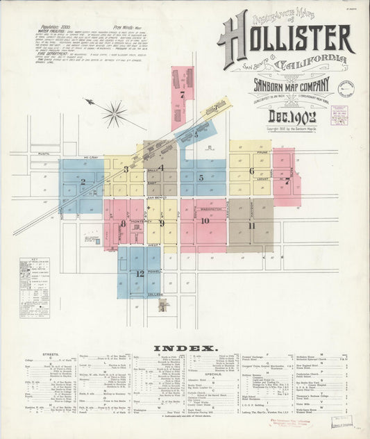 Sanborn Fire Insurance Map from Hollister, San Benito County, California (1902), Sheet #0001 - Historic Sanborn Fire Insurance Map Print, vintage old map wall art, antique decor, genealogy gift, California California map