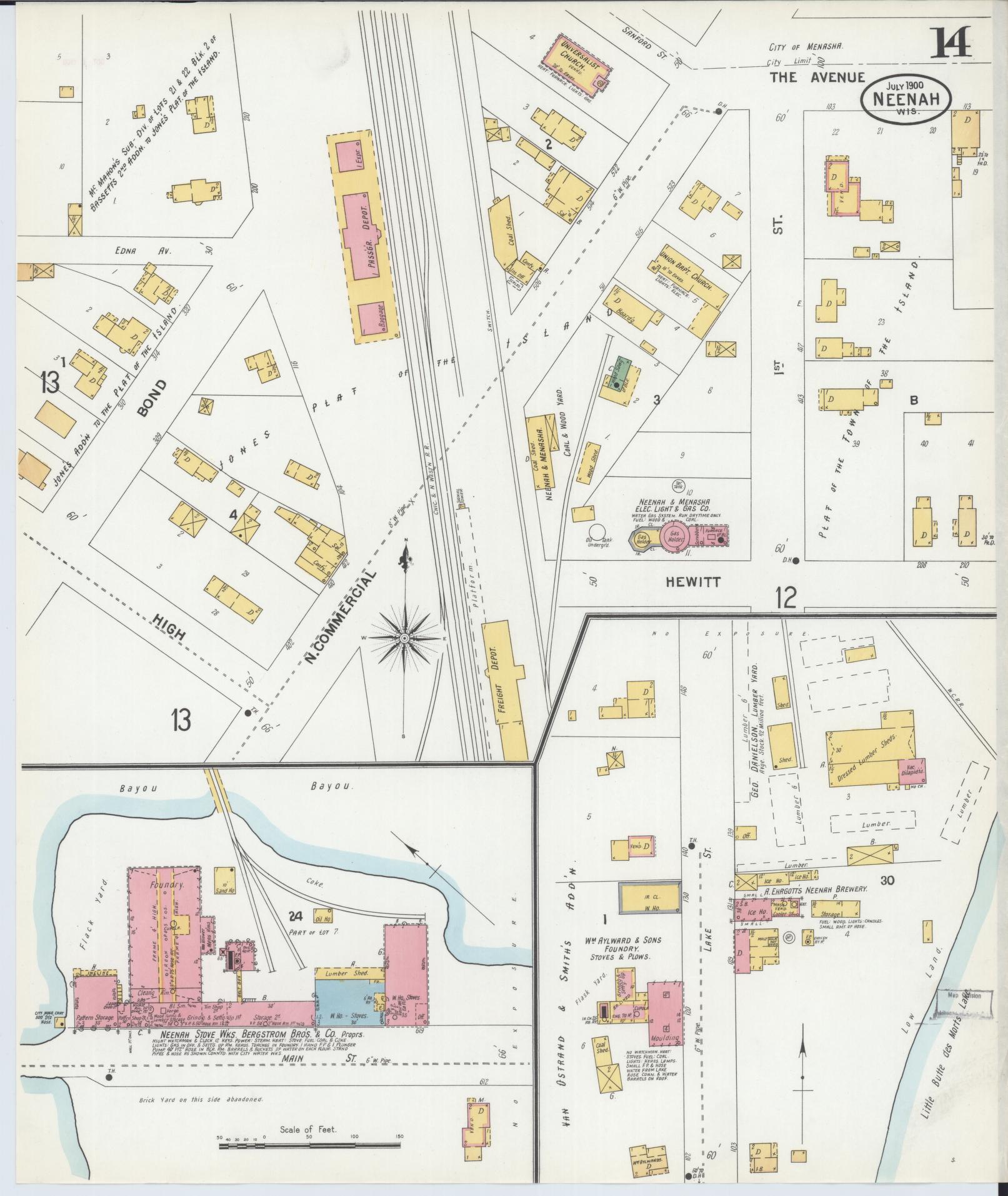 Sanborn Fire Insurance Map from Neenah, Winnebago County, Wisconsin (1900), Sheet #0014 - Complete Map Set gallery image, historic Sanborn map, vintage wall art, Wisconsin Wisconsin