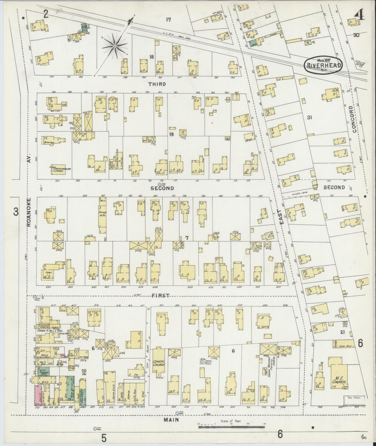 Sanborn Fire Insurance Map from Riverhead, Suffolk County, New York (1897), Sheet #0004 - Historic Sanborn Fire Insurance Map Print, vintage old map wall art, antique decor, genealogy gift, New York New York map