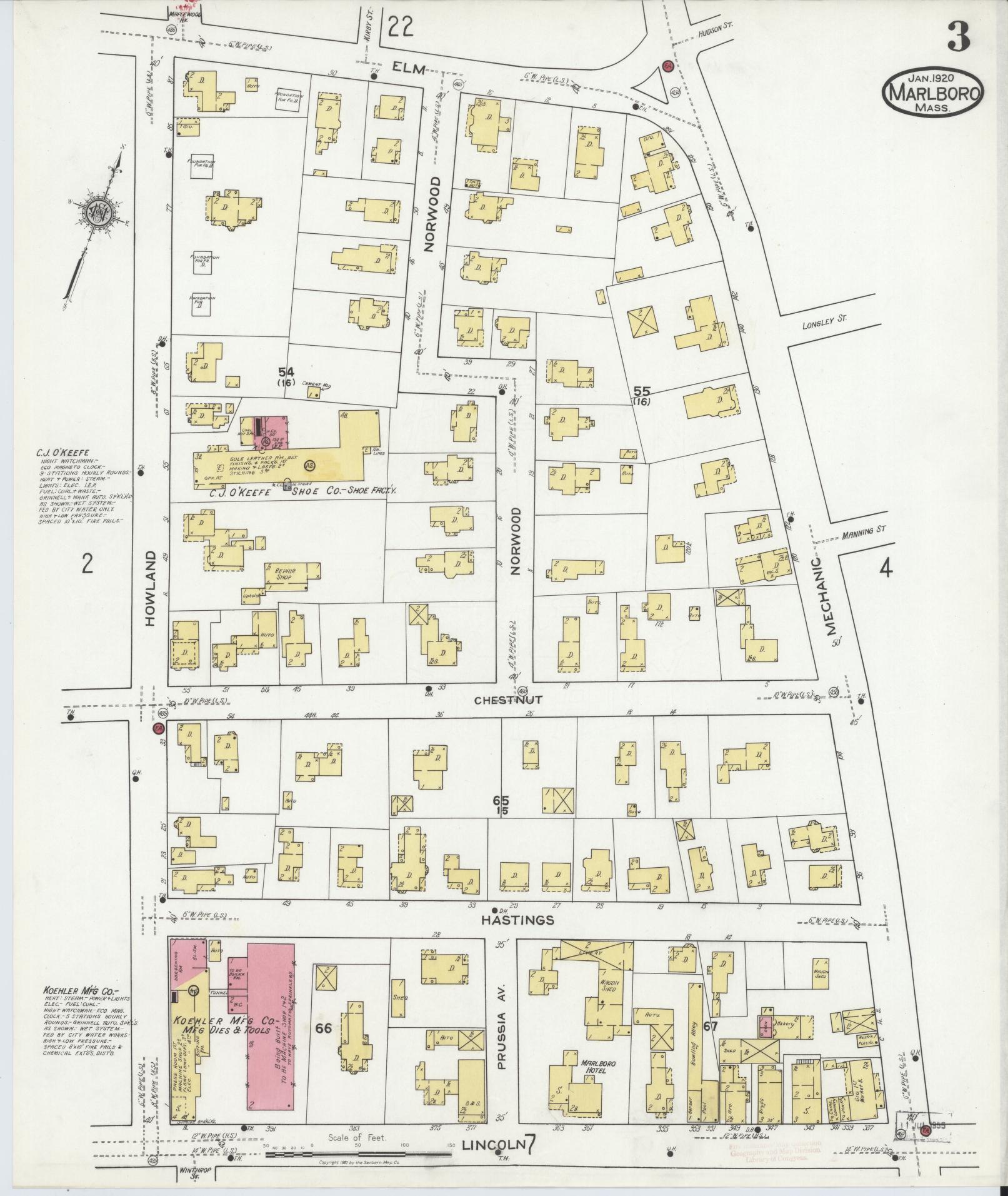 Sanborn Fire Insurance Map from Marlborough, Middlesex County, Massachusetts (1920), Sheet #0003 - Historic Sanborn Fire Insurance Map Print, vintage old map wall art, antique decor, genealogy gift, Massachusetts Massachusetts map