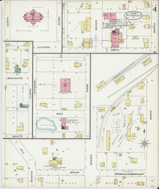 Sanborn Fire Insurance Map from Pittsfield, Pike County, Illinois (1898), Sheet #0004 - Historic Sanborn Fire Insurance Map Print, vintage old map wall art, antique decor, genealogy gift, Illinois Illinois map