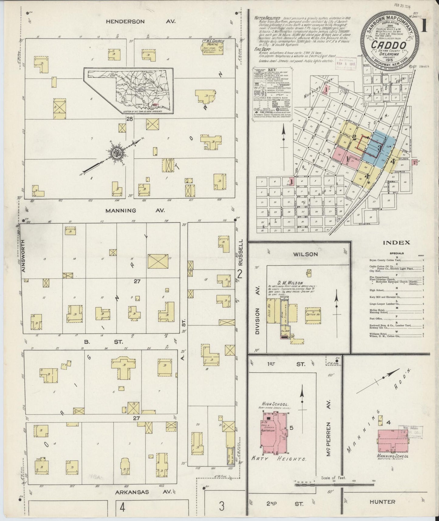 Sanborn Fire Insurance Map from Caddo, Bryan County, Oklahoma (1915), Sheet #0001 - Historic Sanborn Fire Insurance Map Print, vintage old map wall art, antique decor, genealogy gift, Oklahoma Oklahoma map