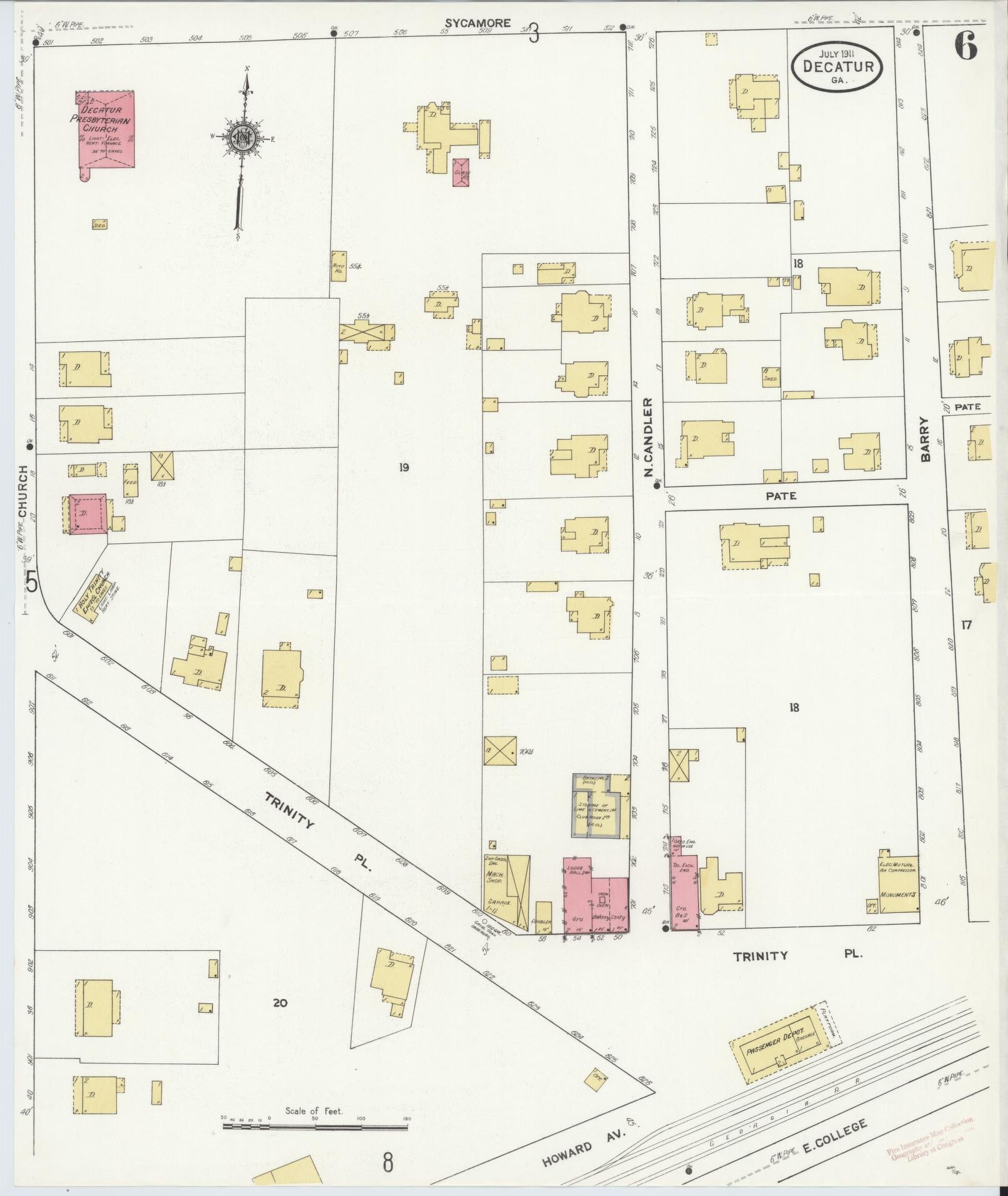 Sanborn Fire Insurance Map from Decatur, De Kalb County, Georgia (1911), Sheet #0006 - Historic Sanborn Fire Insurance Map Print, vintage old map wall art, antique decor, genealogy gift, Georgia Georgia map
