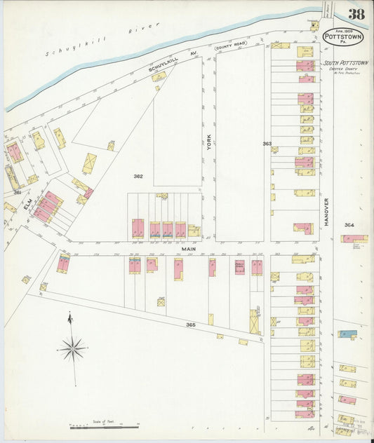 Sanborn Fire Insurance Map from Pottstown, Montgomery County, Pennsylvania (1909), Sheet #0038 - Historic Sanborn Fire Insurance Map Print, vintage old map wall art, antique decor, genealogy gift, Pennsylvania Pennsylvania map