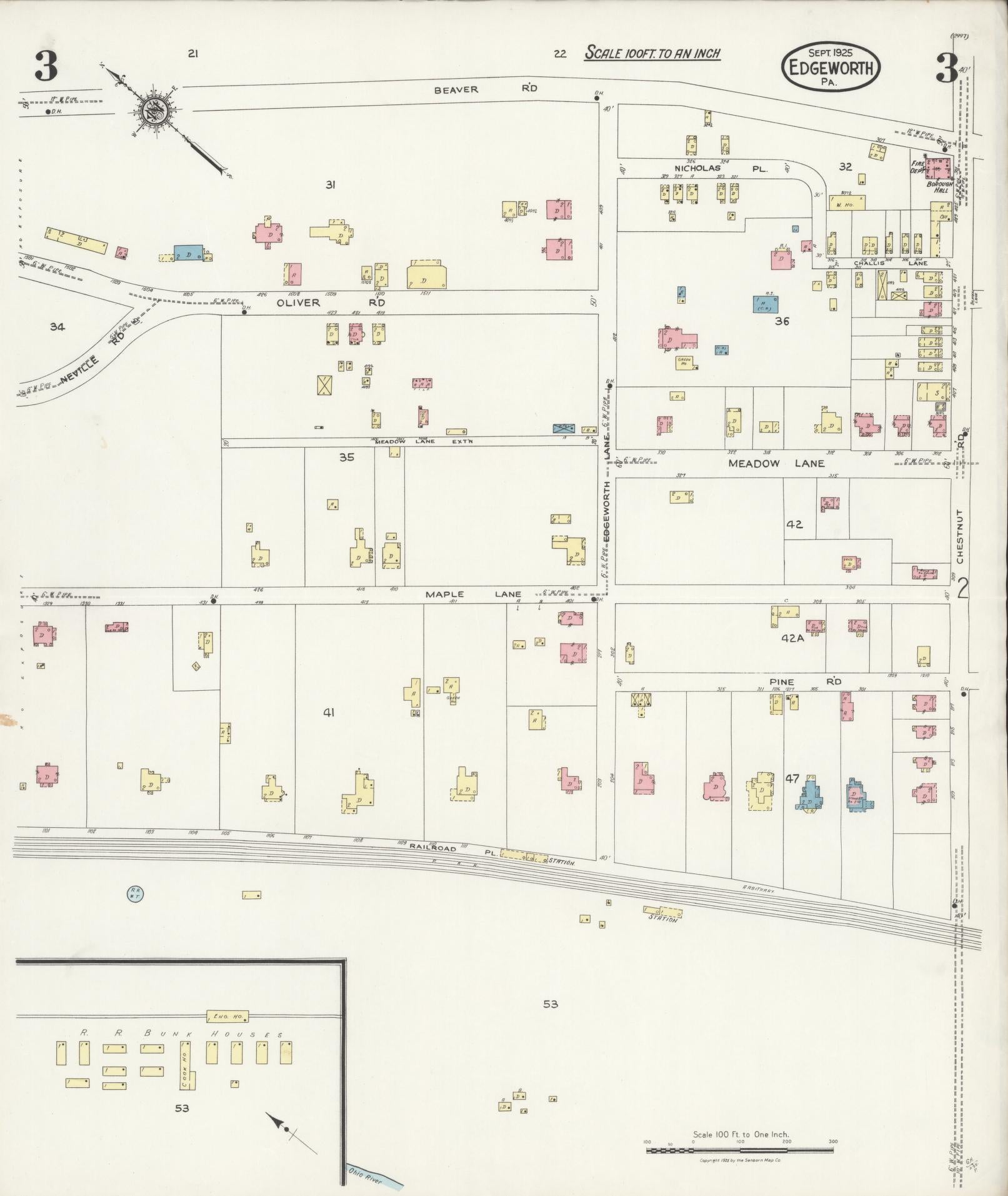 Sanborn Fire Insurance Map from Edgeworth, Allegheny County, Pennsylvania (1925), Sheet #0003 - Historic Sanborn Fire Insurance Map Print, vintage old map wall art, antique decor, genealogy gift, Pennsylvania Pennsylvania map