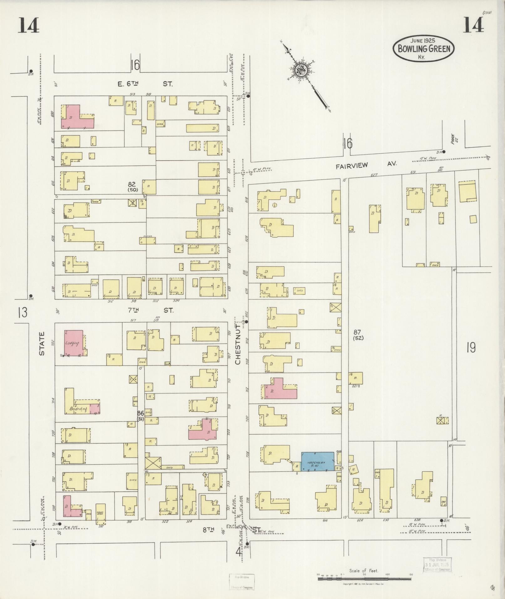Sanborn Fire Insurance Map from Bowling Green, Warren County, Kentucky (1925), Sheet #0014 - Historic Sanborn Fire Insurance Map Print, vintage old map wall art, antique decor, genealogy gift, Kentucky Kentucky map