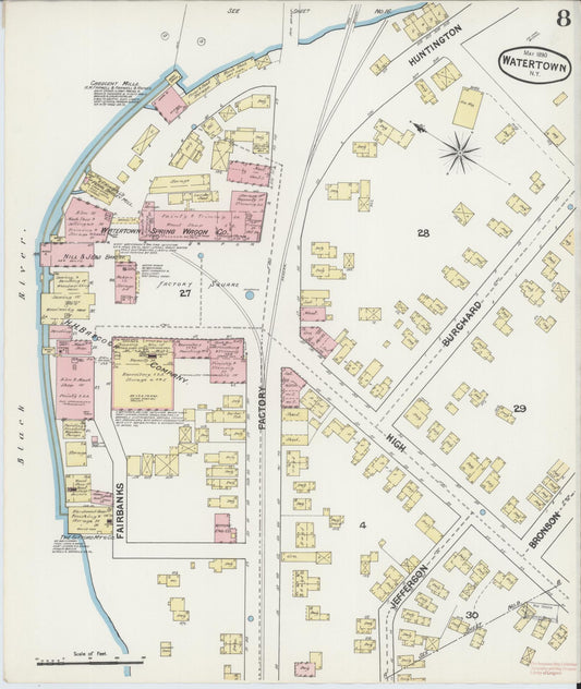 Sanborn Fire Insurance Map from Watertown, Jefferson County, New York (1890), Sheet #0008 - Historic Sanborn Fire Insurance Map Print, vintage old map wall art, antique decor, genealogy gift, New York New York map