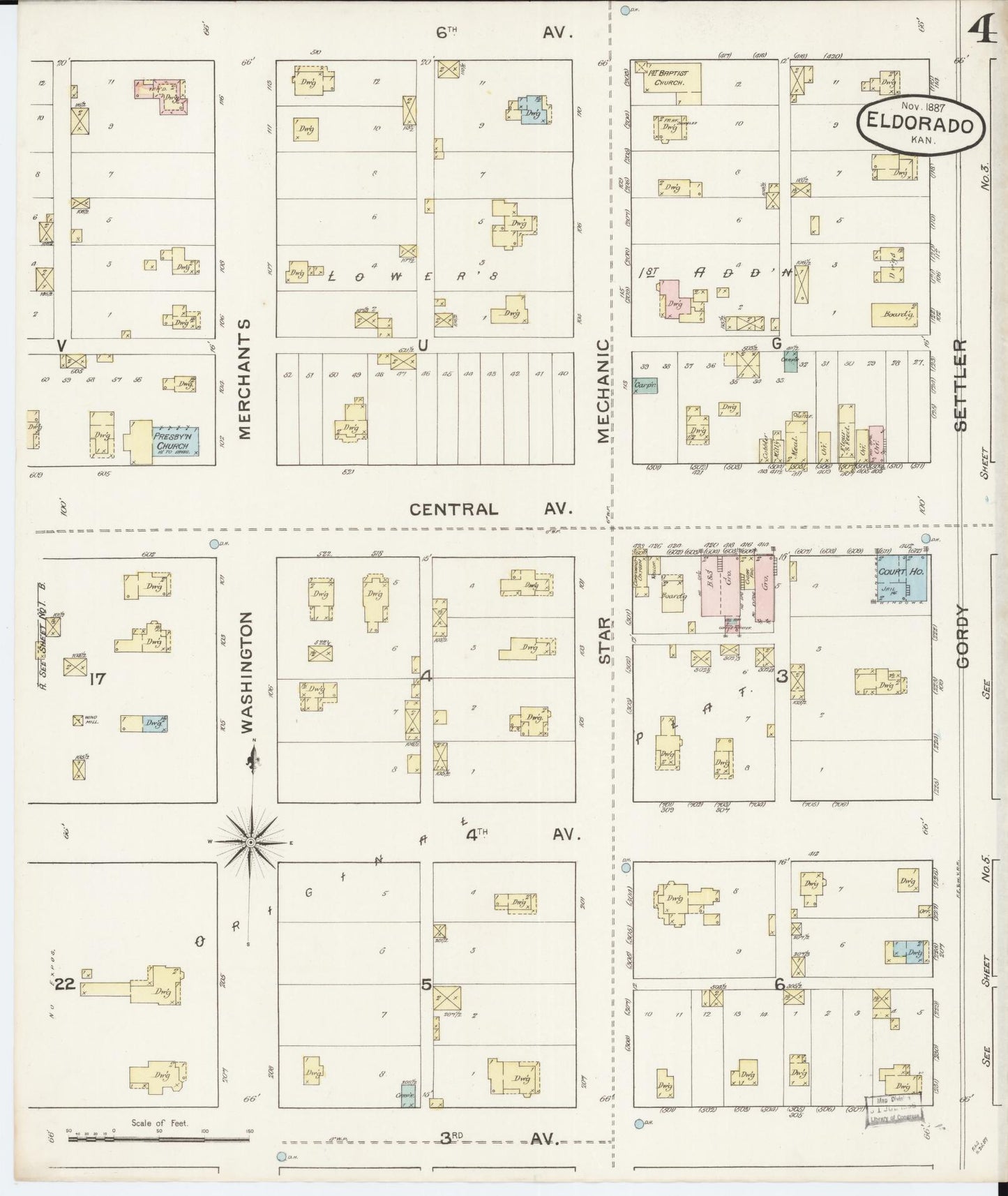 Sanborn Fire Insurance Map from El Dorado, Butler County, Kansas (1887), Sheet #0004 - Historic Sanborn Fire Insurance Map Print, vintage old map wall art, antique decor, genealogy gift, Kansas Kansas map