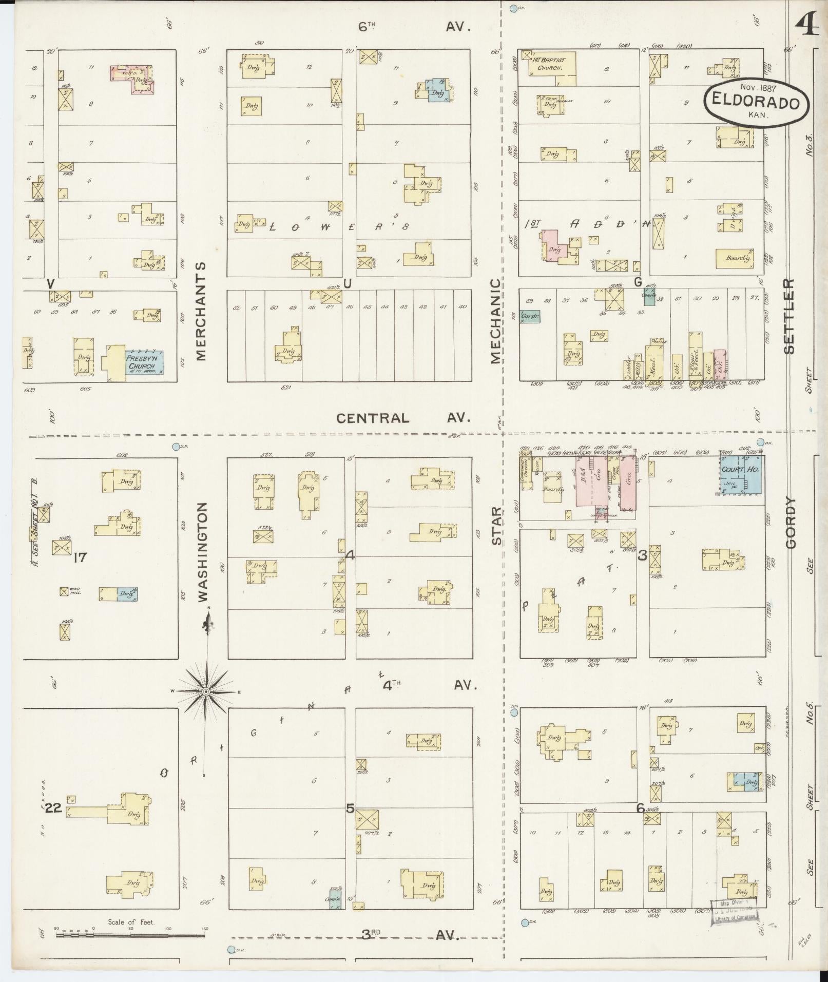 Sanborn Fire Insurance Map from El Dorado, Butler County, Kansas (1887), Sheet #0004 - Historic Sanborn Fire Insurance Map Print, vintage old map wall art, antique decor, genealogy gift, Kansas Kansas map