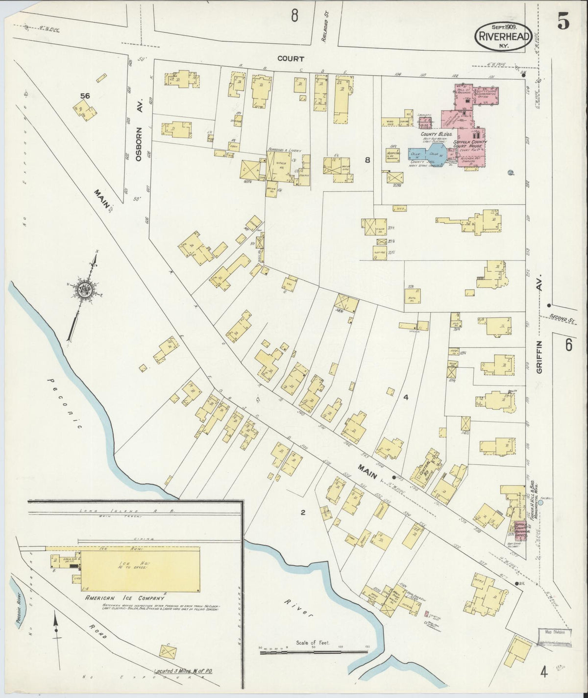 Sanborn Fire Insurance Map from Riverhead, Suffolk County, New York (1909), Sheet #0005 - Historic Sanborn Fire Insurance Map Print, vintage old map wall art, antique decor, genealogy gift, New York New York map
