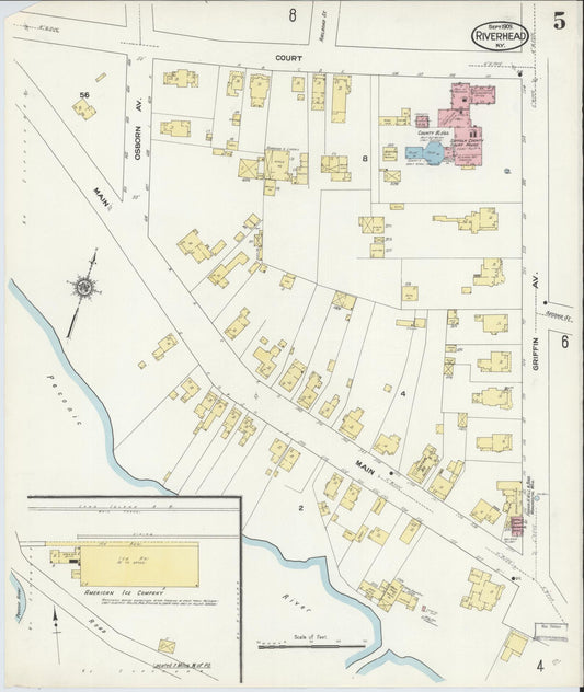Sanborn Fire Insurance Map from Riverhead, Suffolk County, New York (1909), Sheet #0005 - Historic Sanborn Fire Insurance Map Print, vintage old map wall art, antique decor, genealogy gift, New York New York map
