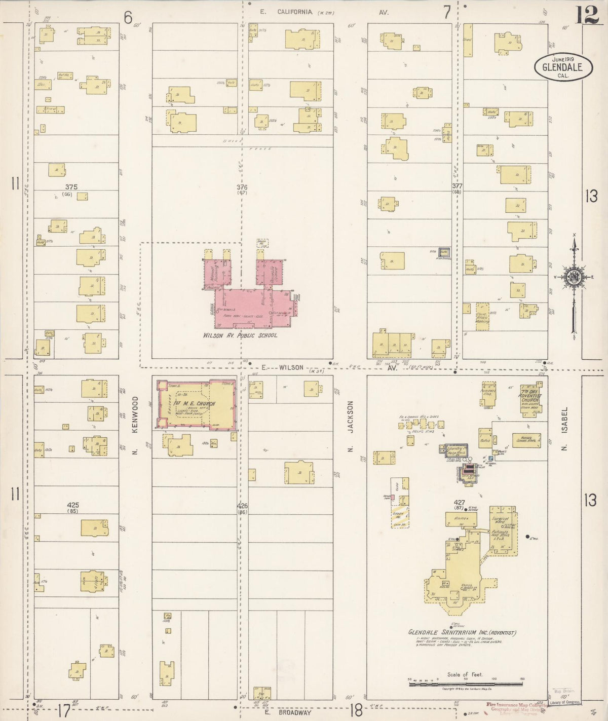 Sanborn Fire Insurance Map from Glendale, Los Angeles County, California (1919), Sheet #0012 - Complete Map Set gallery image, historic Sanborn map, vintage wall art, California California