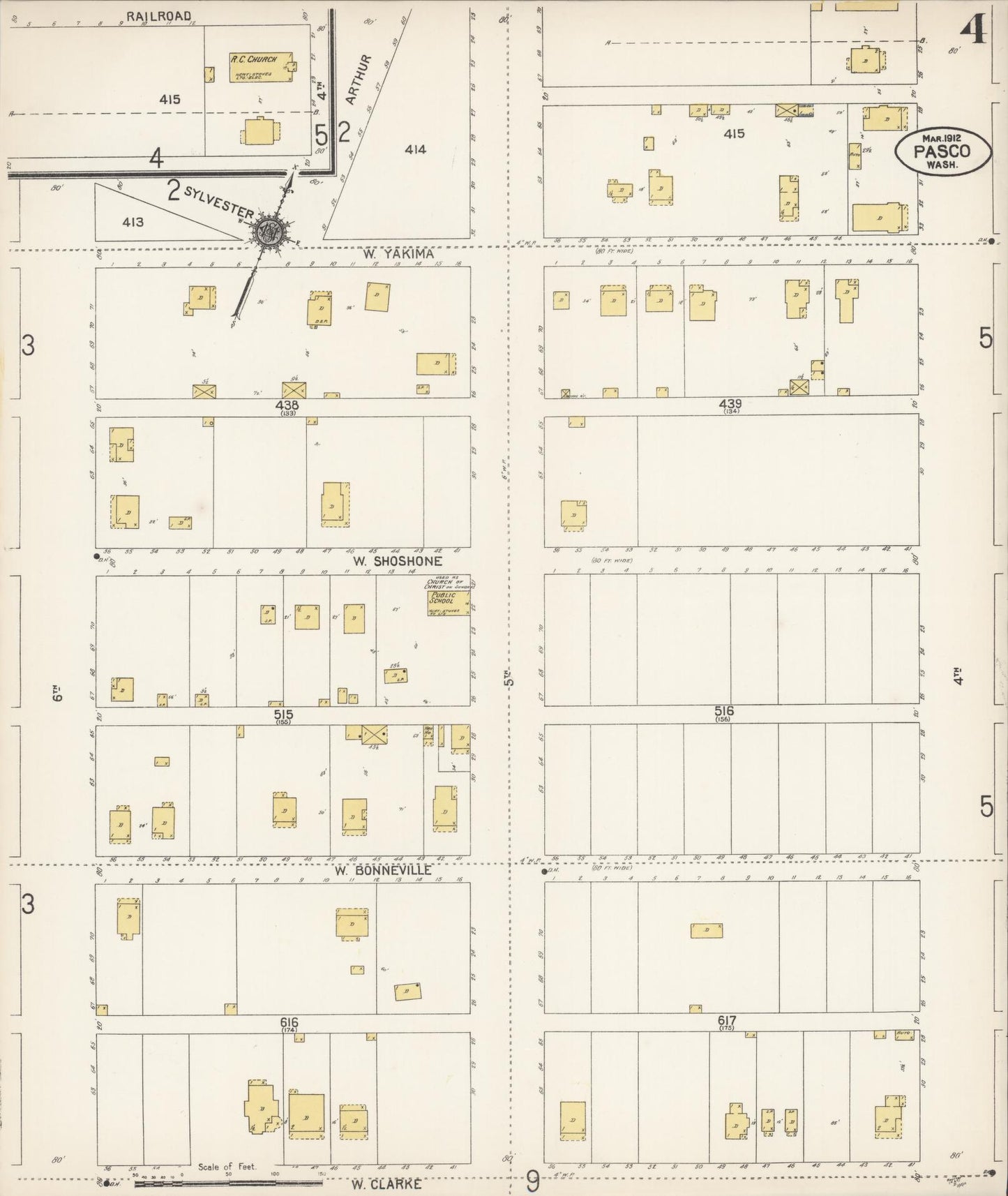 Sanborn Fire Insurance Map from Pasco, Franklin County, Washington (1912), Sheet #0004 - Historic Sanborn Fire Insurance Map Print, vintage old map wall art, antique decor, genealogy gift, Washington Washington map