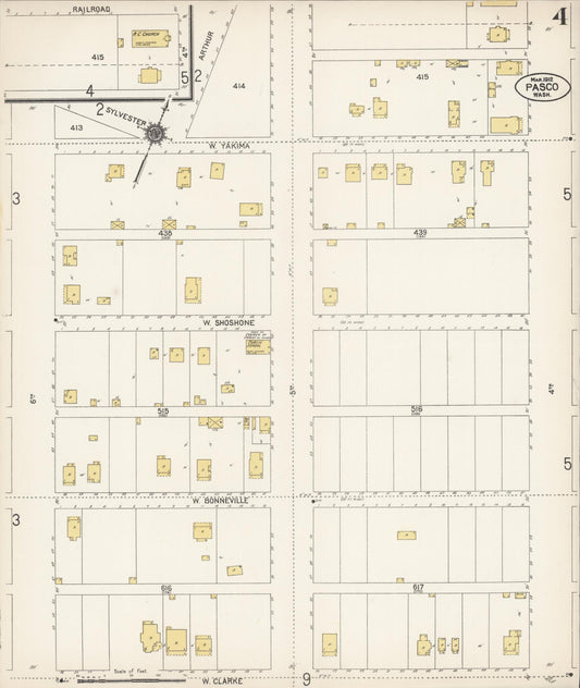 Sanborn Fire Insurance Map from Pasco, Franklin County, Washington (1912), Sheet #0004 - Historic Sanborn Fire Insurance Map Print, vintage old map wall art, antique decor, genealogy gift, Washington Washington map