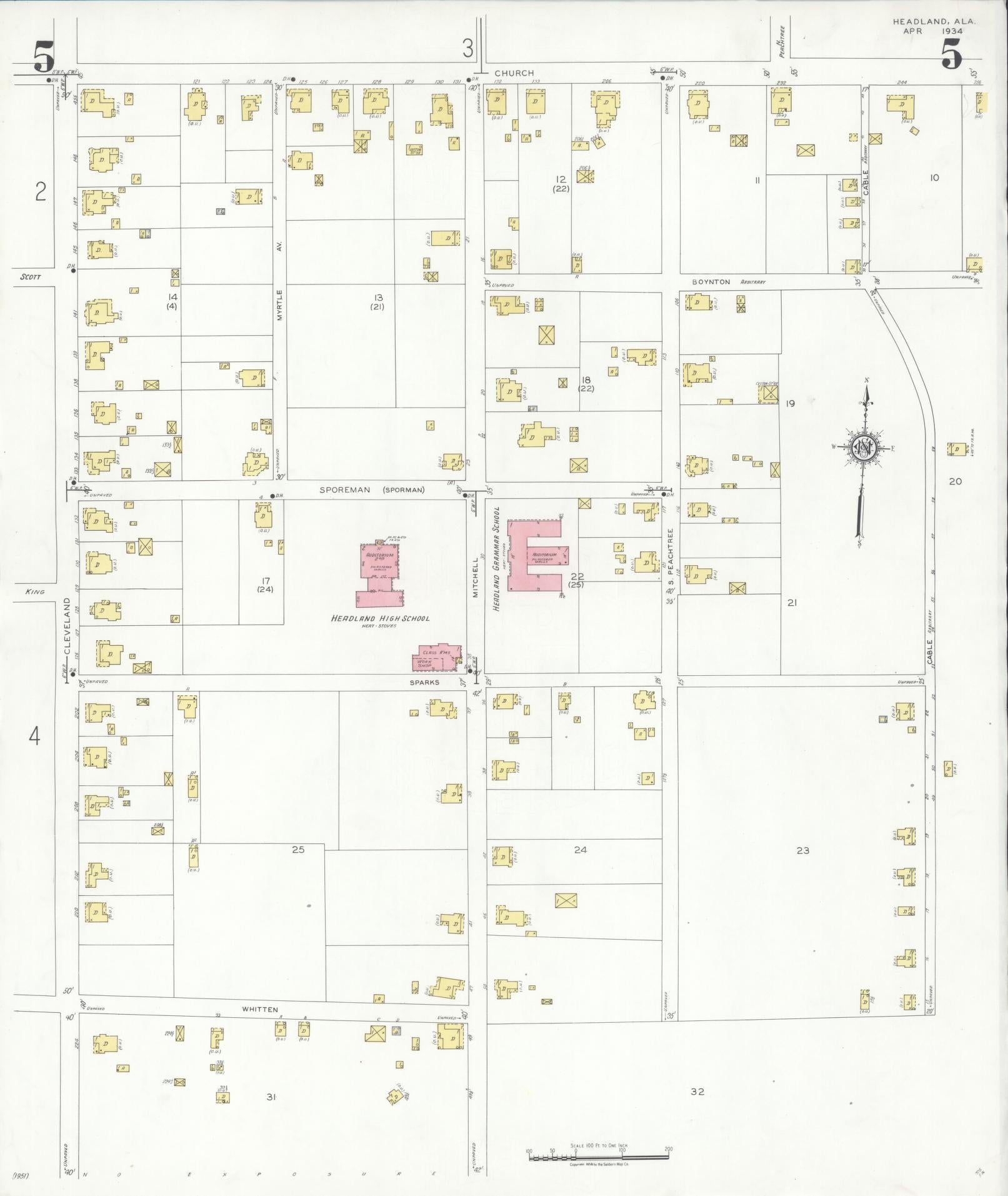 Sanborn Fire Insurance Map from Headland, Henry County, Alabama (1934), Sheet #0005 - Historic Sanborn Fire Insurance Map Print, vintage old map wall art, antique decor, genealogy gift, Alabama Alabama map