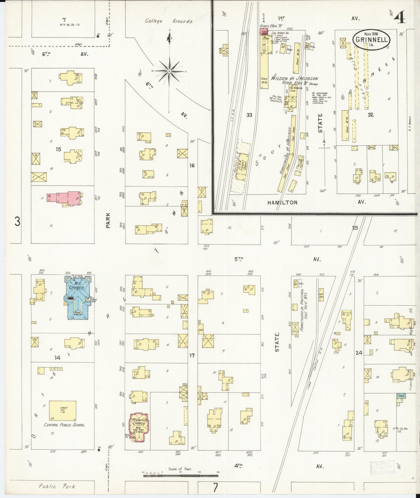 Sanborn Fire Insurance Map from Grinnell, Poweshiek County, Iowa (1898), Sheet #0004 - Historic Sanborn Fire Insurance Map Print, vintage old map wall art