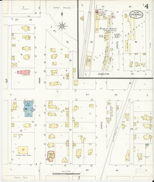 Sanborn Fire Insurance Map from Grinnell, Poweshiek County, Iowa (1898), Sheet #0004 - Historic Sanborn Fire Insurance Map Print, vintage old map wall art