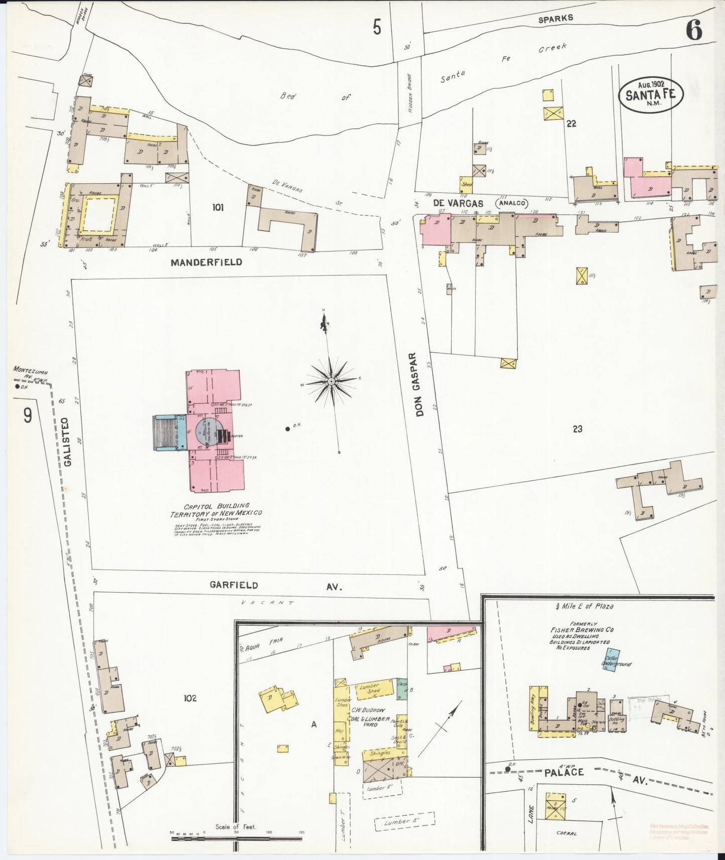 Sanborn Fire Insurance Map from Santa Fe, Santa Fe County, New Mexico (1902), Sheet #0006 - Complete Map Set gallery image, historic Sanborn map, vintage wall art, New Mexico New Mexico