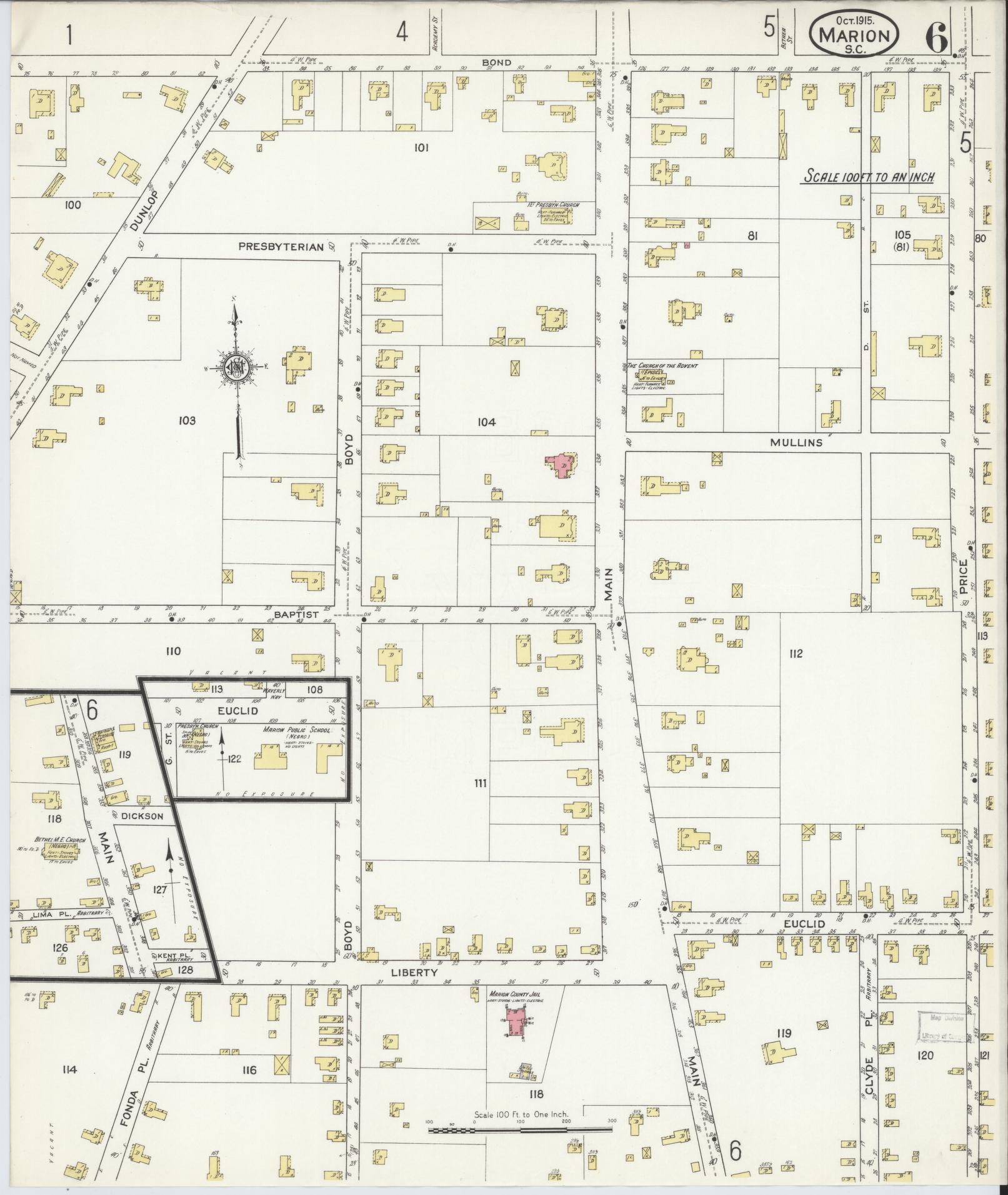 Sanborn Fire Insurance Map from Marion, Marion County, South Carolina (1915), Sheet #0006 - Complete Map Set gallery image, historic Sanborn map, vintage wall art, South Carolina South Carolina