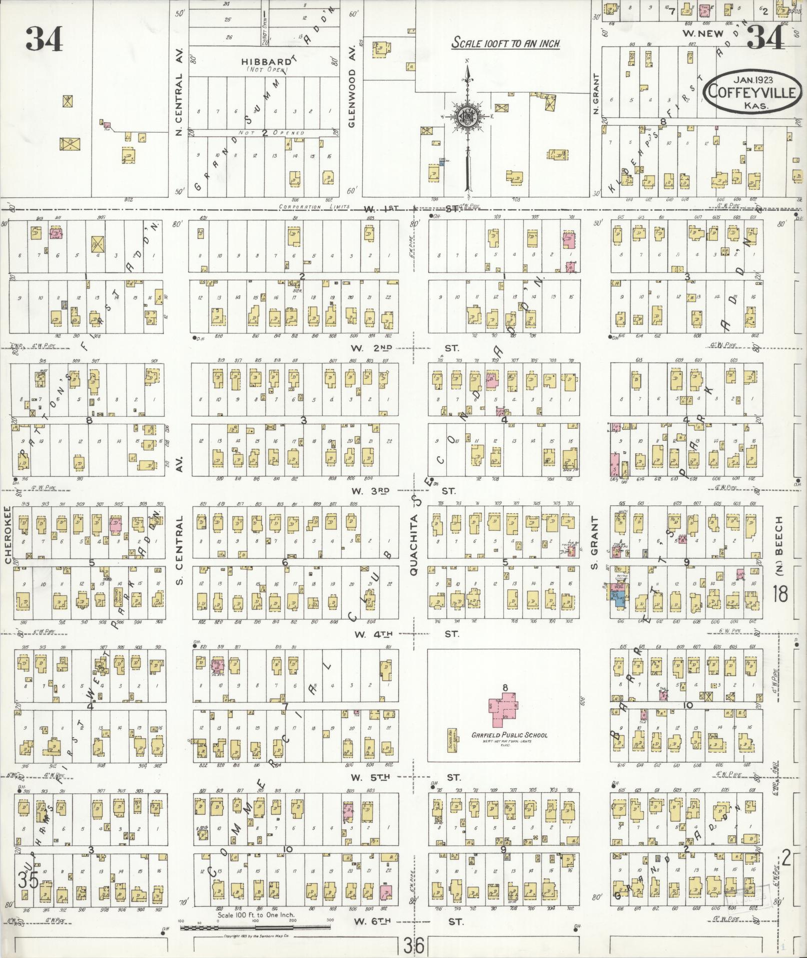 Sanborn Fire Insurance Map from Coffeyville, Montgomery County, Kansas (1923), Sheet #0034 - Historic Sanborn Fire Insurance Map Print, vintage old map wall art, antique decor, genealogy gift, Kansas Kansas map